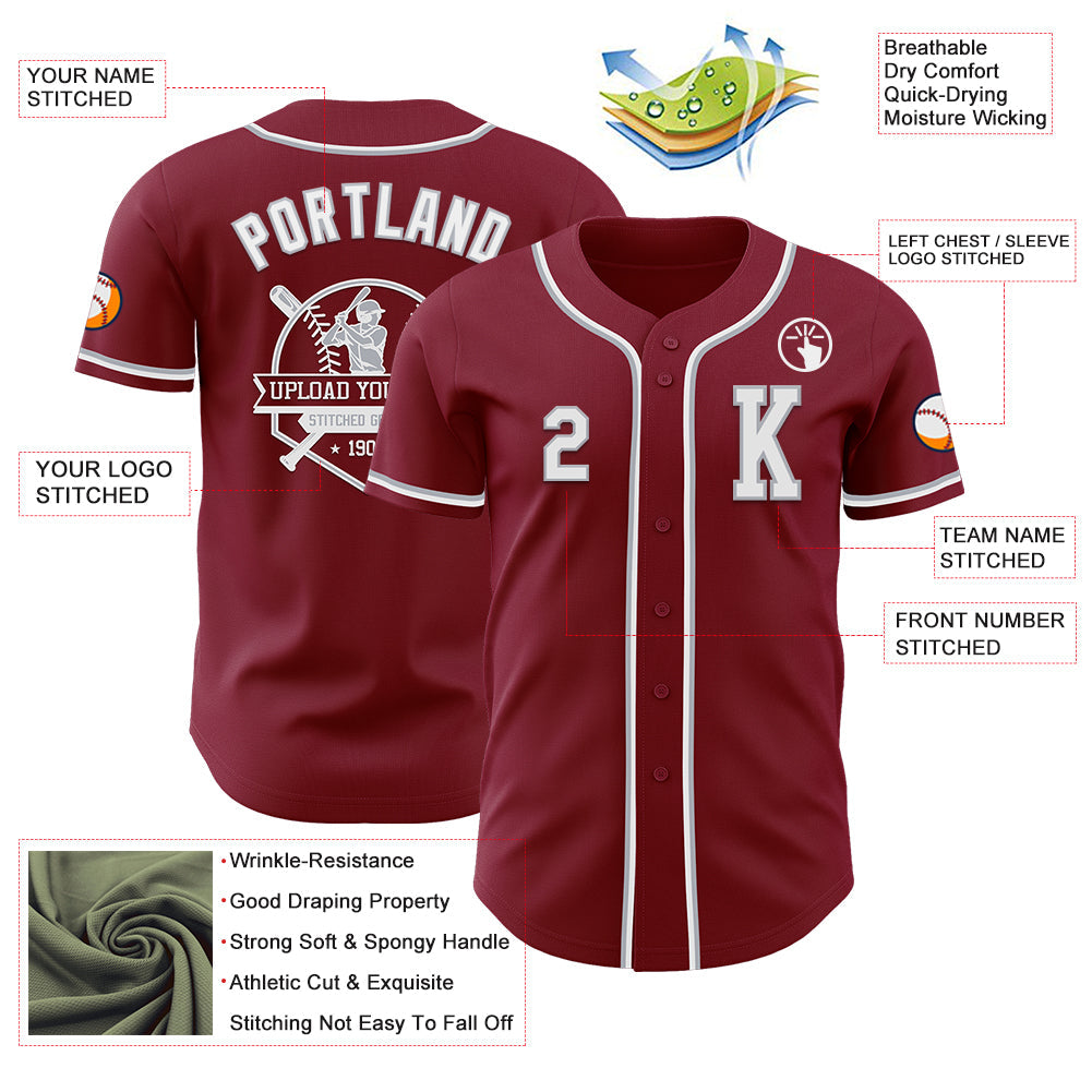 Custom Crimson White-Gray Authentic Baseball Jersey view 6