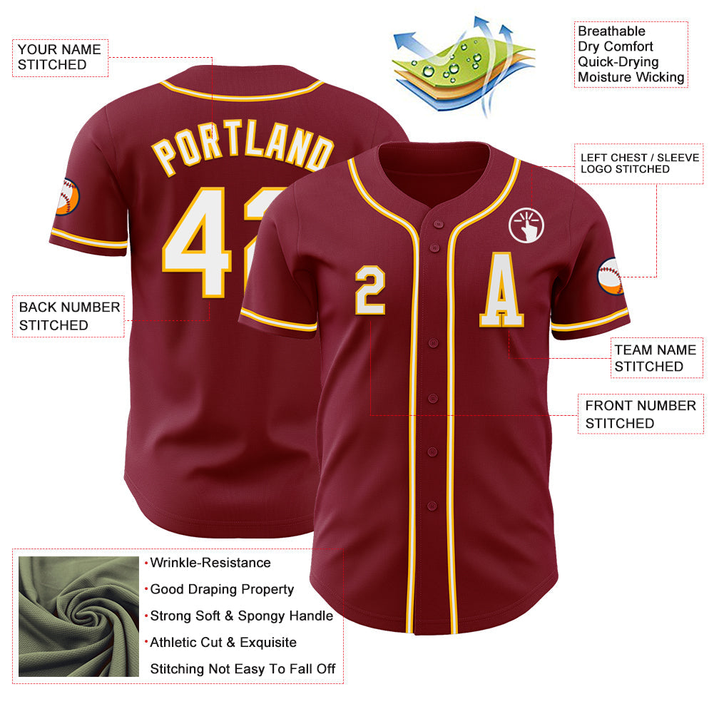 Custom Crimson White-Gold Authentic Baseball Jersey view 2