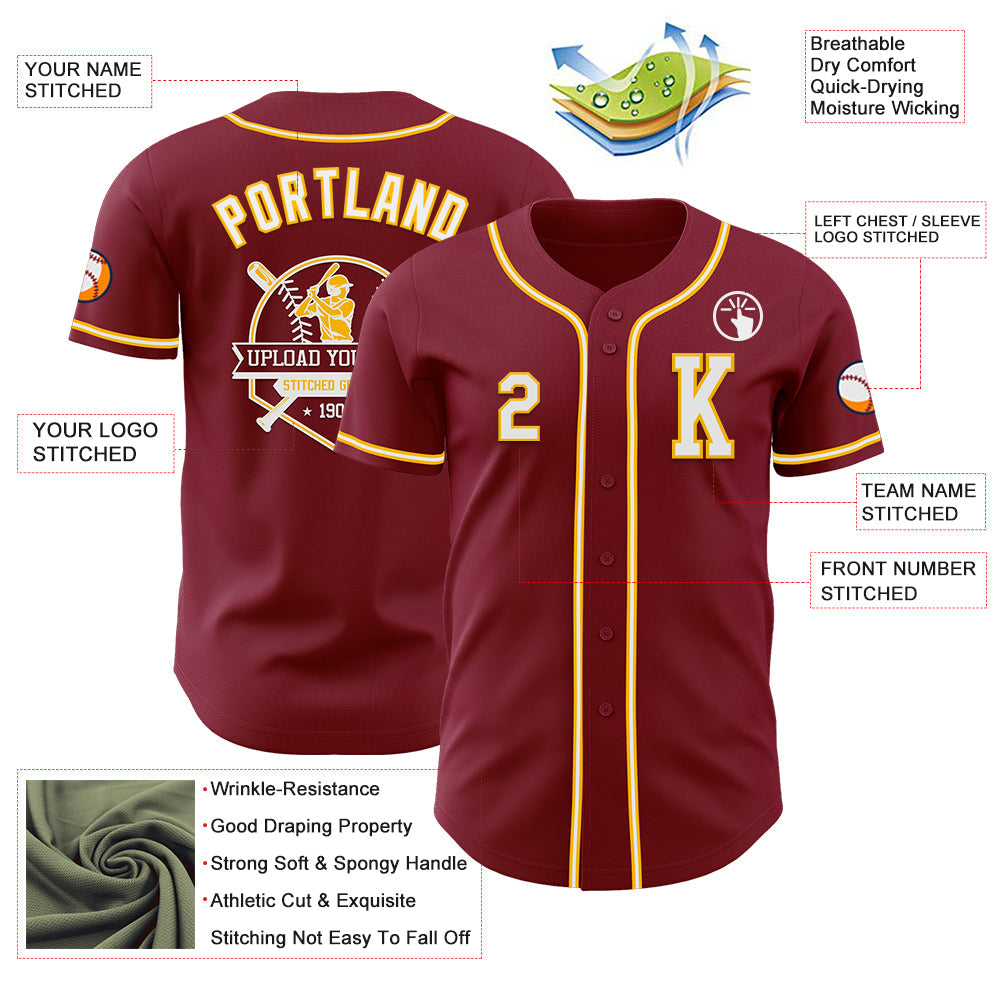 Custom Crimson White-Gold Authentic Baseball Jersey view 6
