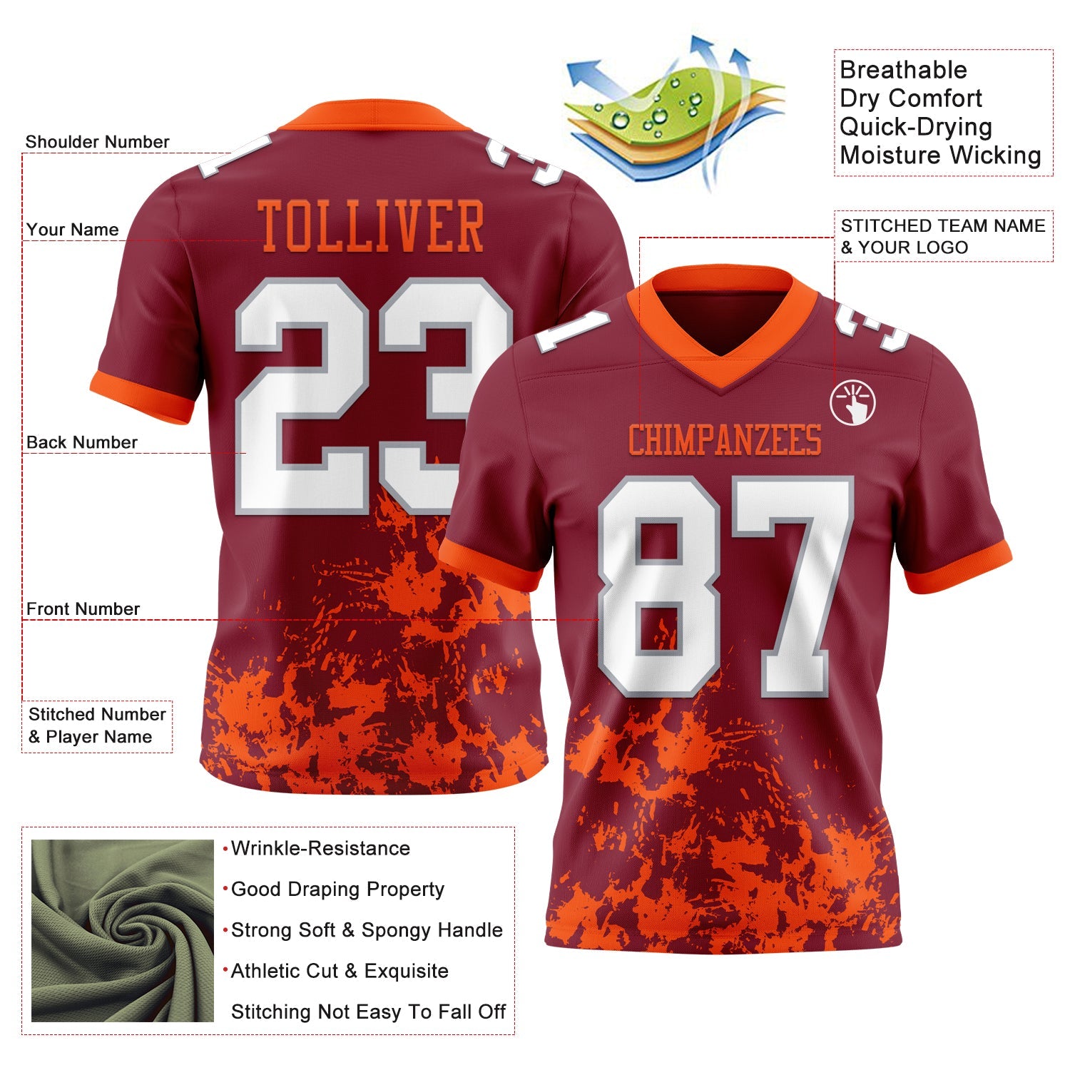 Custom Crimson White Orange-Gray 3D Pattern Splash Authentic Football Jersey view 3
