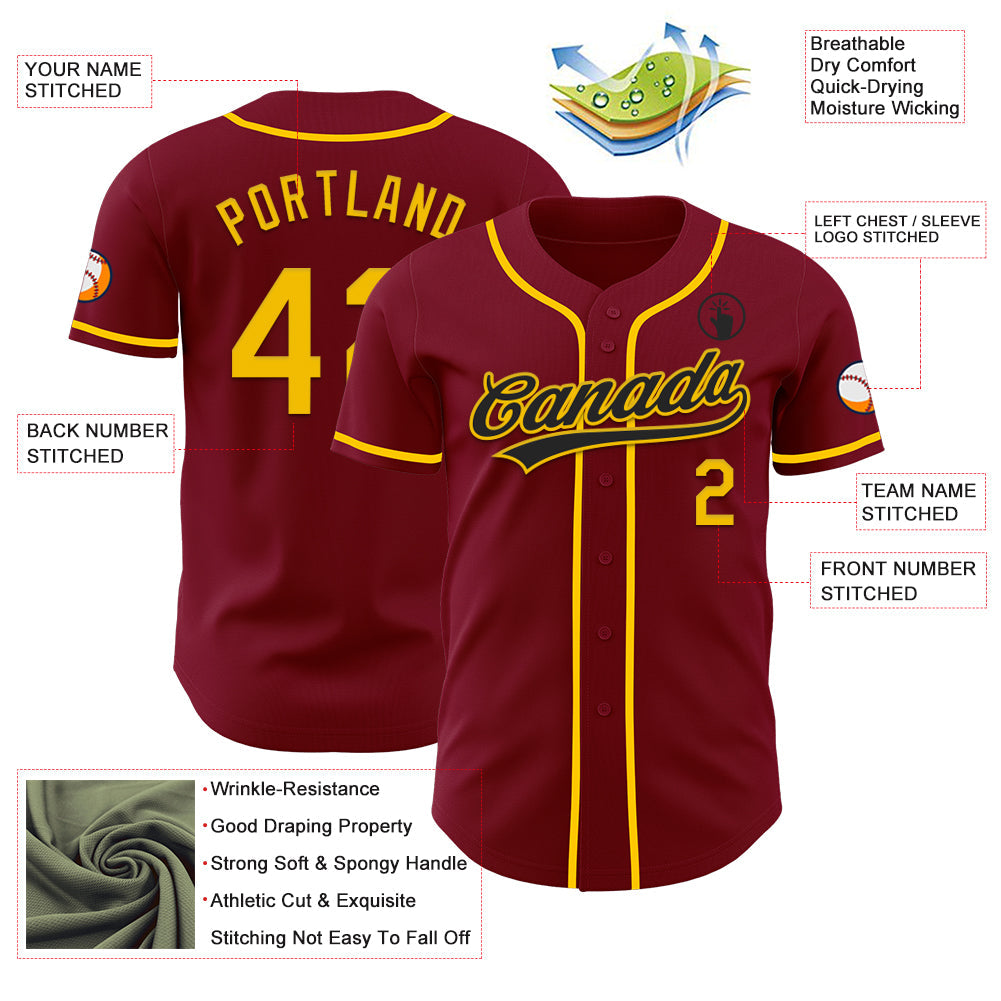 Custom Crimson Yellow Authentic Baseball Jersey view 3