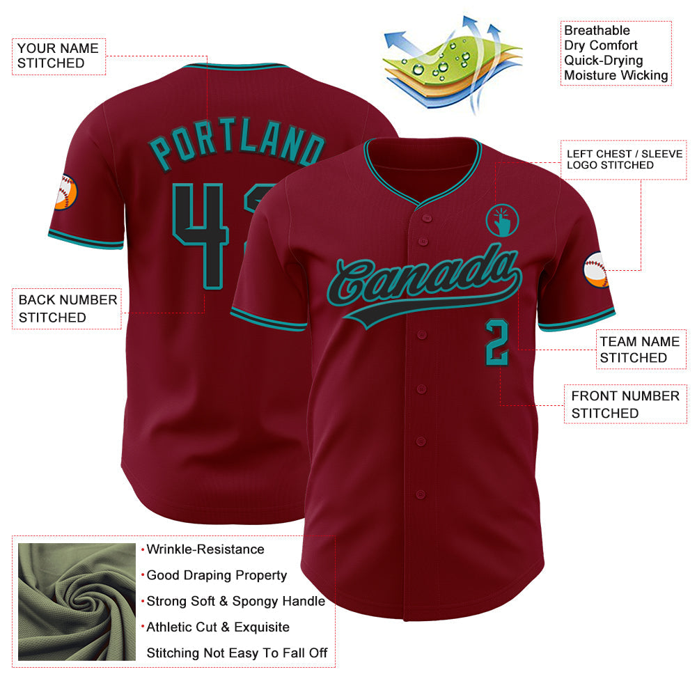Custom Crimson Black-Teal Authentic Baseball Jersey view 3