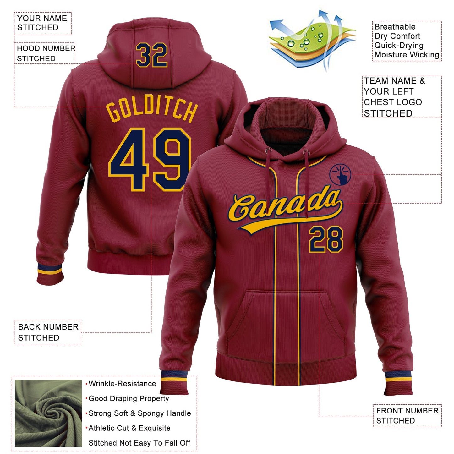Custom Stitched Crimson Navy-Gold Baseball Pullover Sweatshirt Hoodie view 2