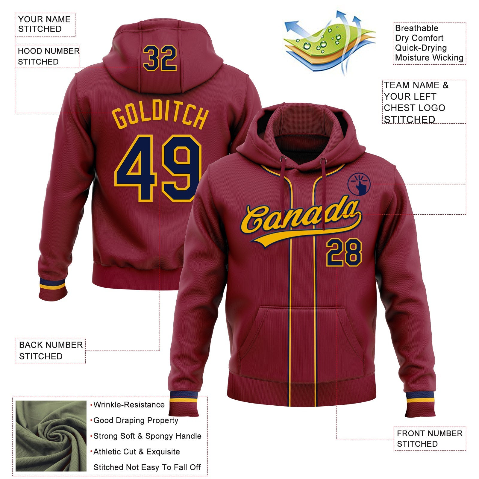 Custom Stitched Crimson Navy-Gold Baseball Pullover Sweatshirt Hoodie view 2