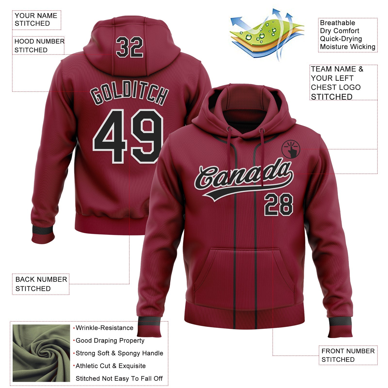 Custom Stitched Crimson Black-White Baseball Pullover Sweatshirt Hoodie view 2