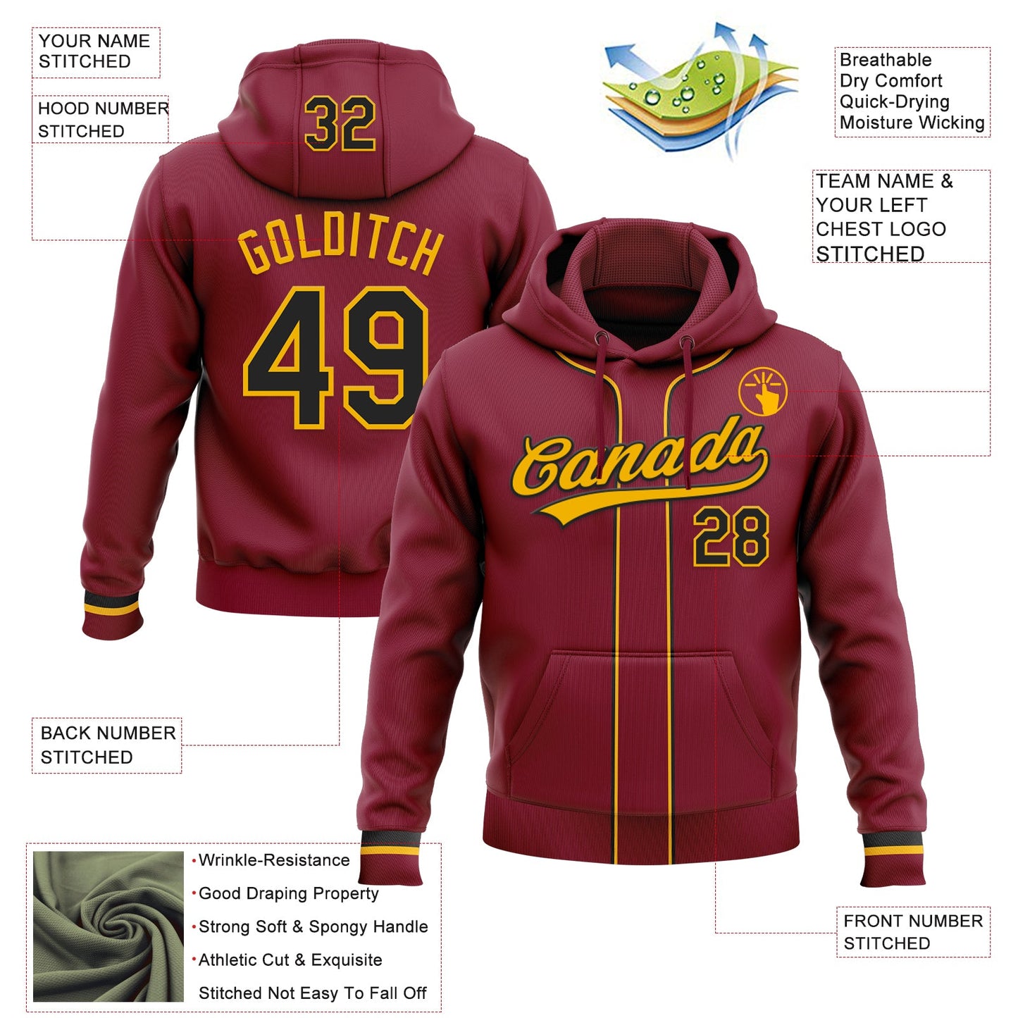 Custom Stitched Crimson Black-Gold Baseball Pullover Sweatshirt Hoodie view 2