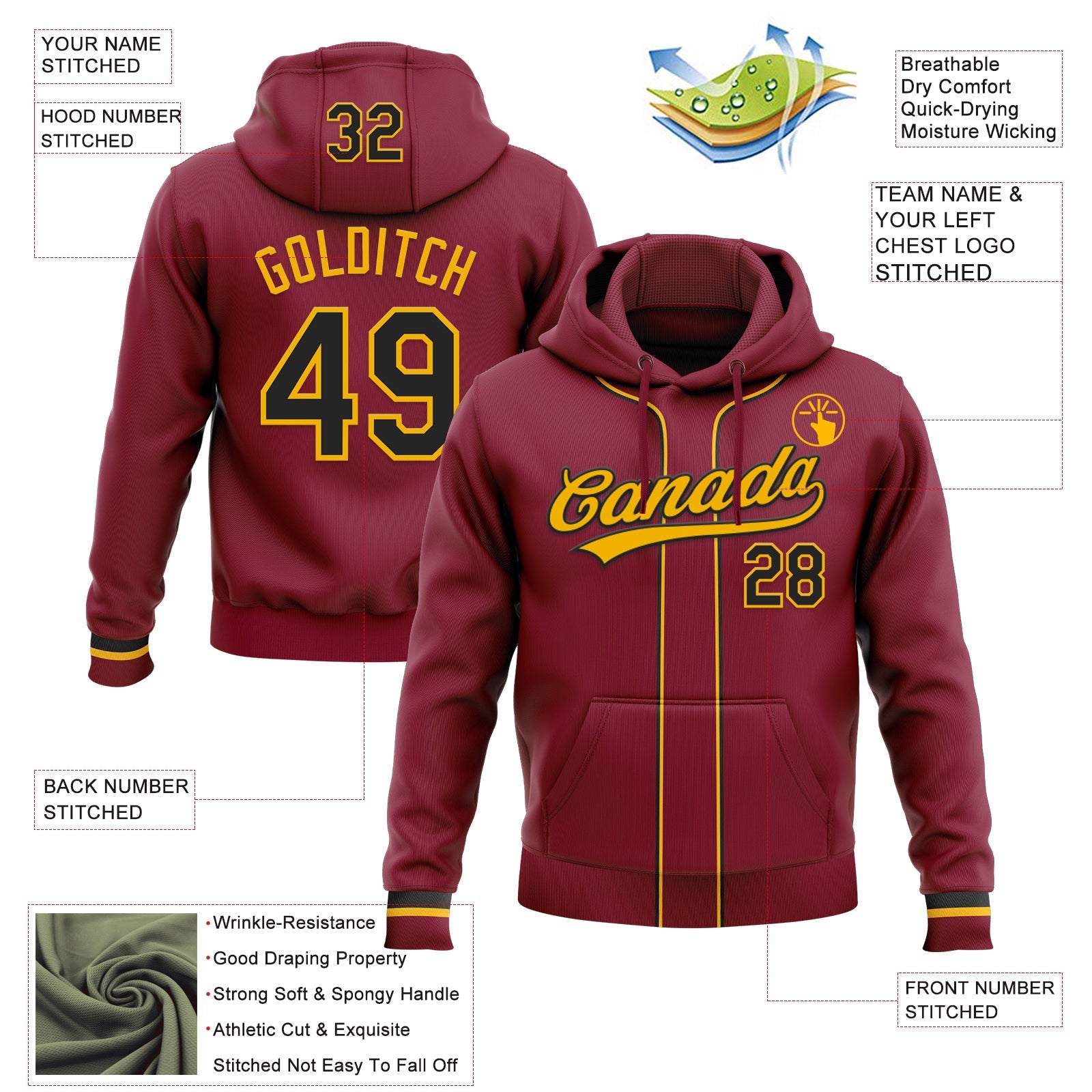 Custom Stitched Crimson Black-Gold Baseball Pullover Sweatshirt Hoodie view 2