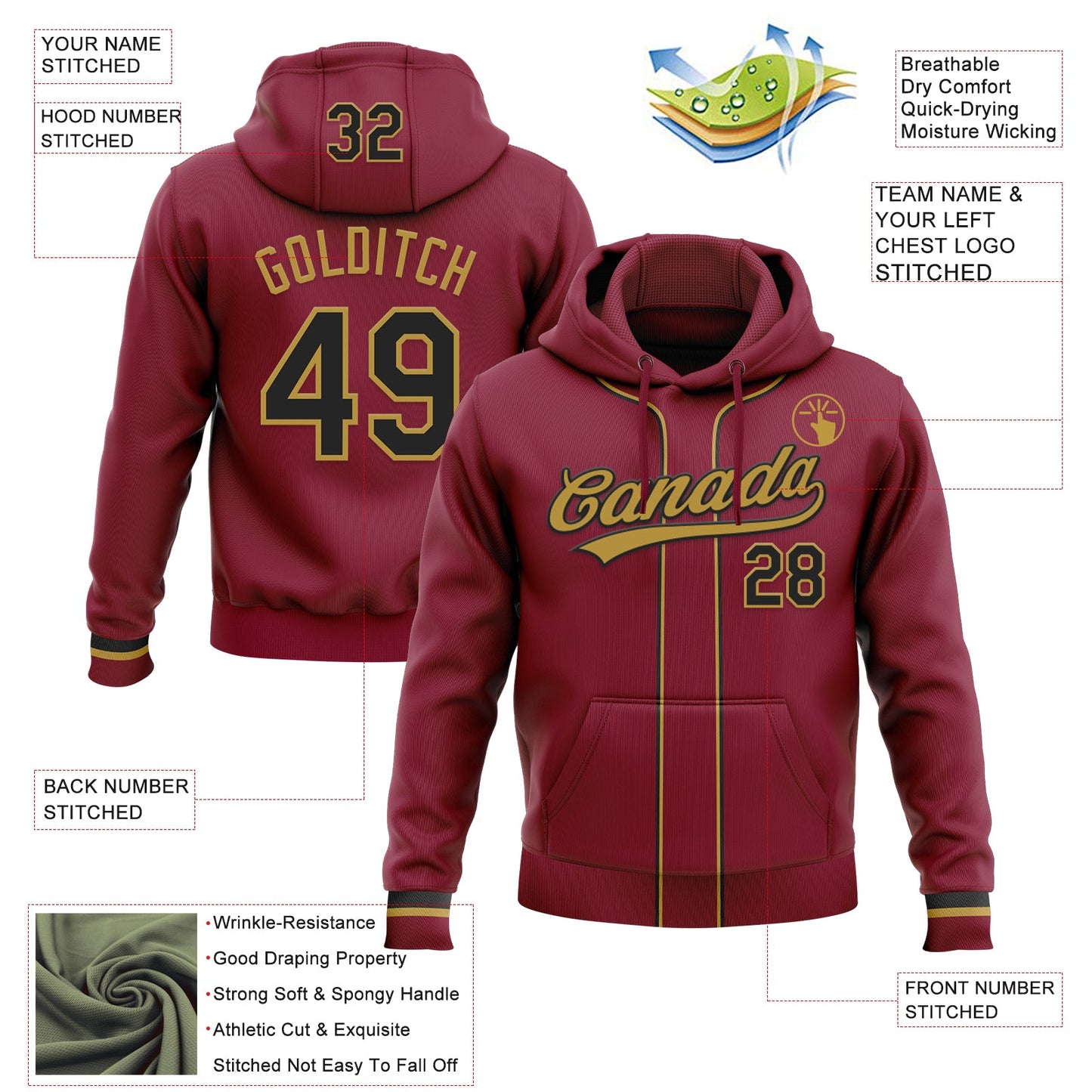 Custom Stitched Crimson Black-Old Gold Baseball Pullover Sweatshirt Hoodie view 2
