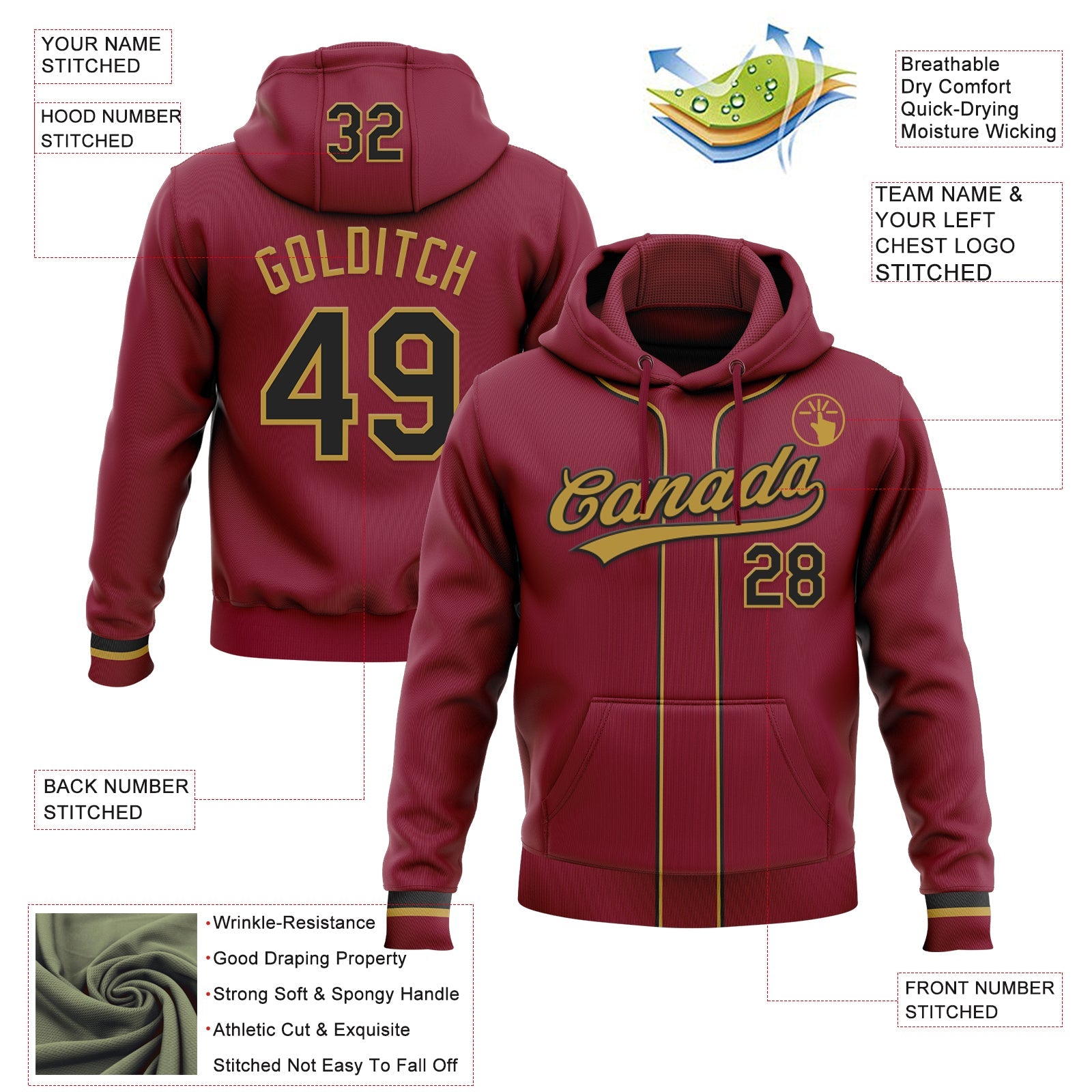 Custom Stitched Crimson Black-Old Gold Baseball Pullover Sweatshirt Hoodie view 2