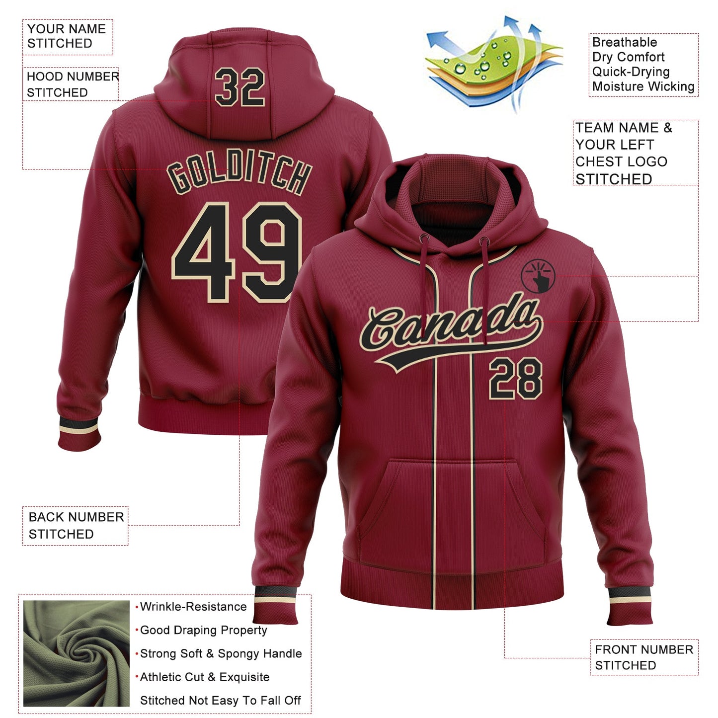 Custom Stitched Crimson Black-Cream Baseball Pullover Sweatshirt Hoodie view 2
