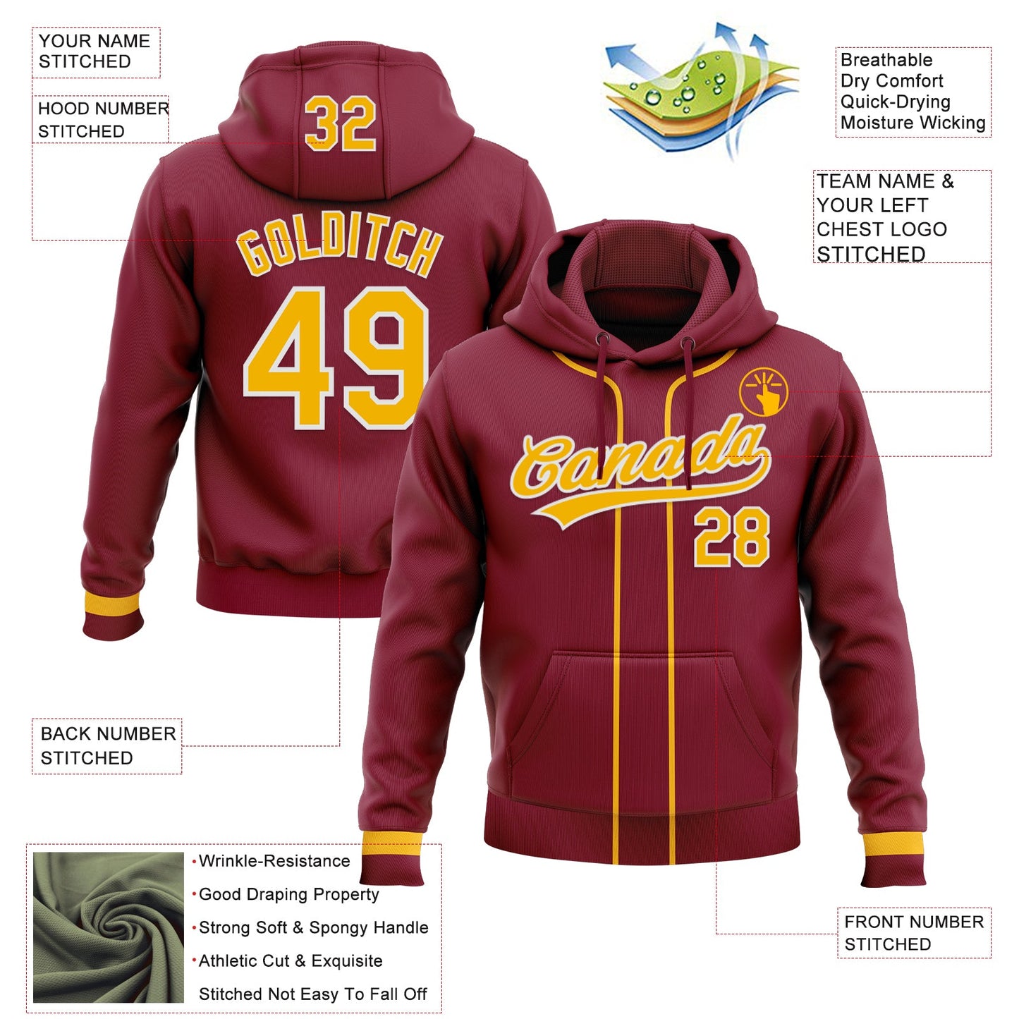 Custom Stitched Crimson Gold-White Baseball Pullover Sweatshirt Hoodie view 2