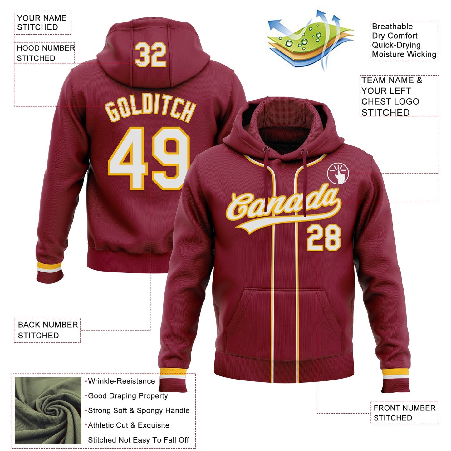 Custom Stitched Crimson White-Gold Baseball Pullover Sweatshirt Hoodie view 2