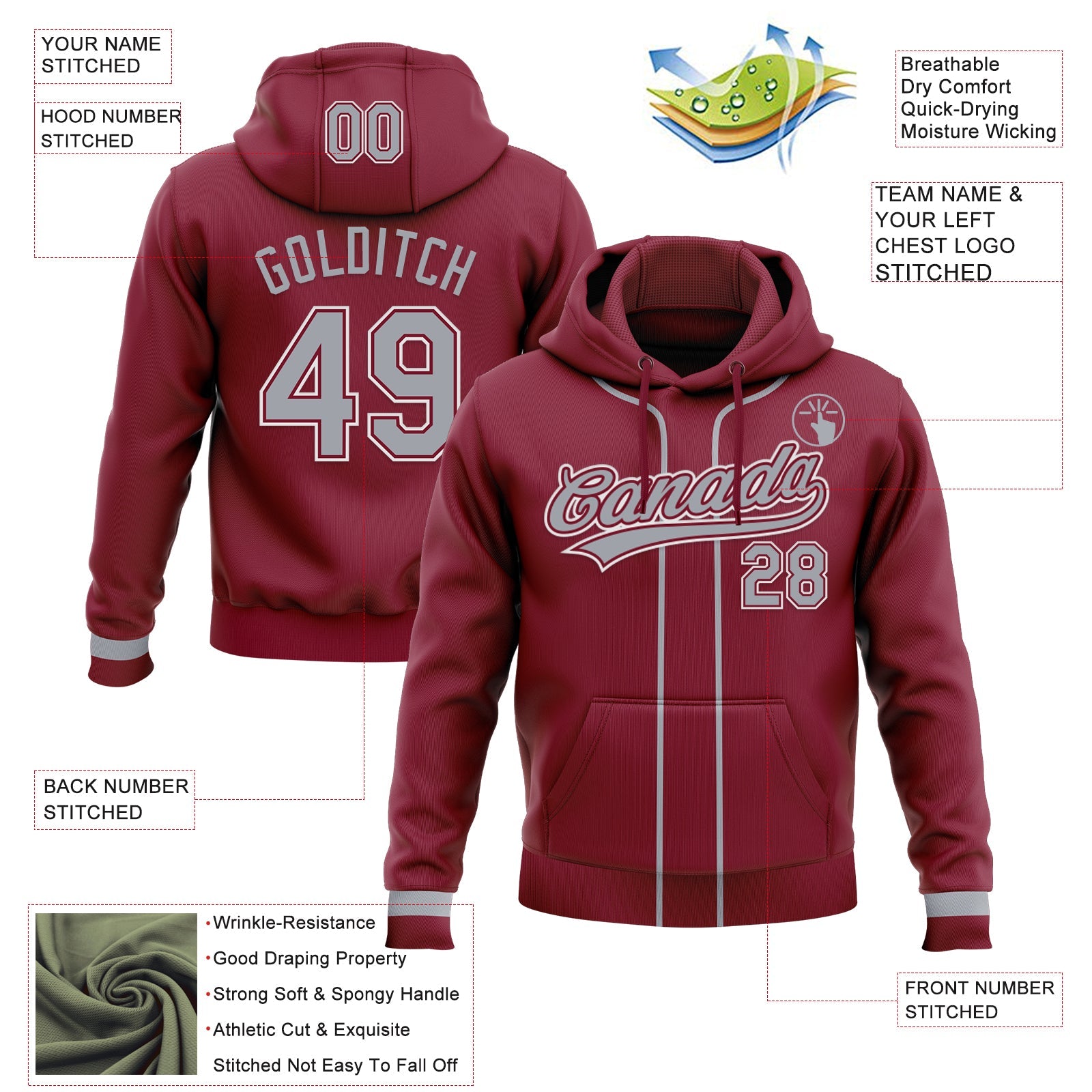 Custom Stitched Crimson Gray-White Baseball Pullover Sweatshirt Hoodie view 2