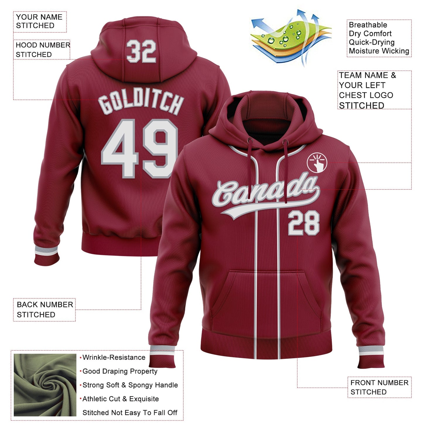 Custom Stitched Crimson White-Gray Baseball Pullover Sweatshirt Hoodie view 2