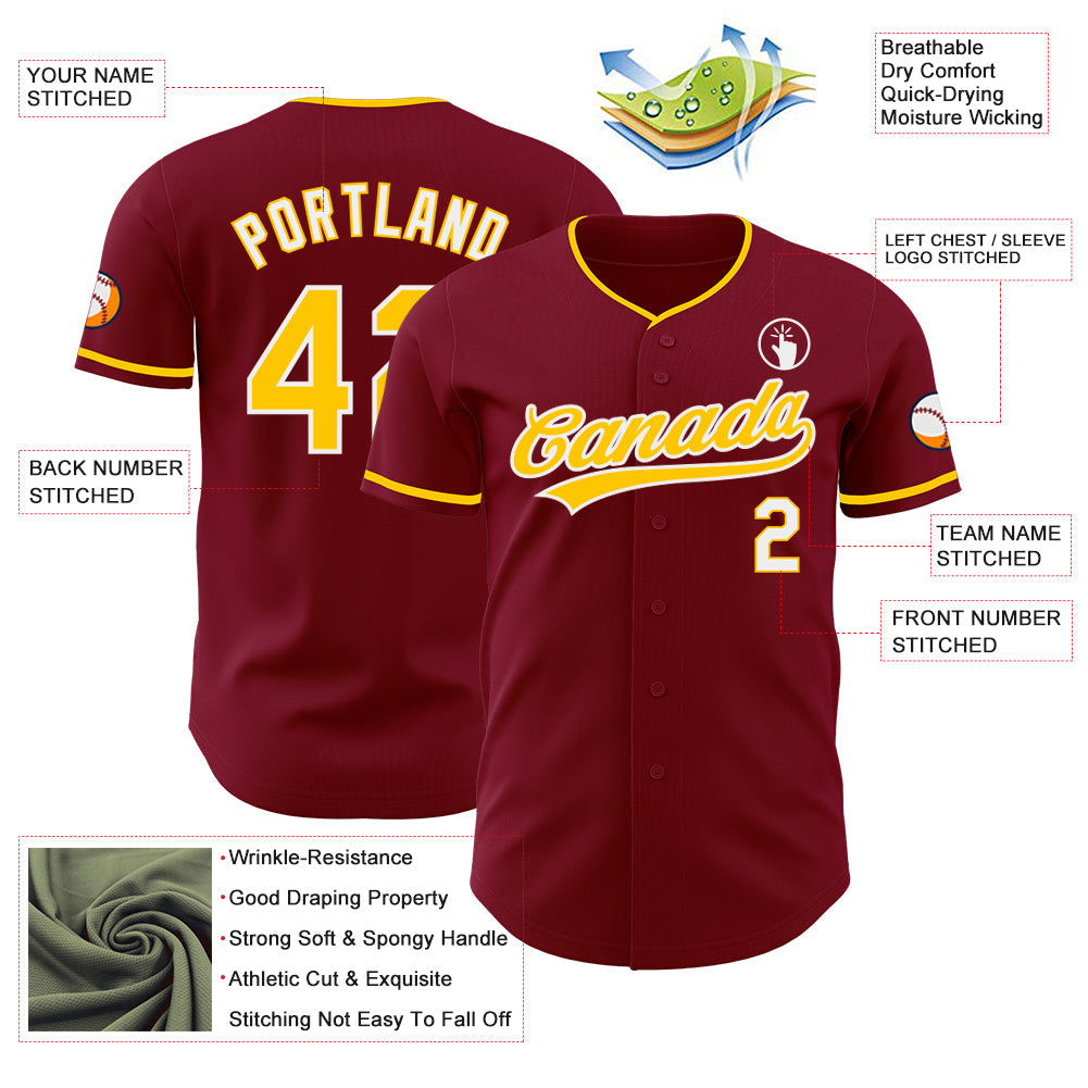 Custom Crimson Yellow-White Authentic Baseball Jersey view 3