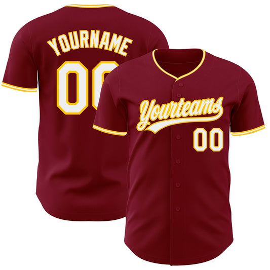 Custom Crimson White-Yellow Authentic Baseball Jersey - Main View