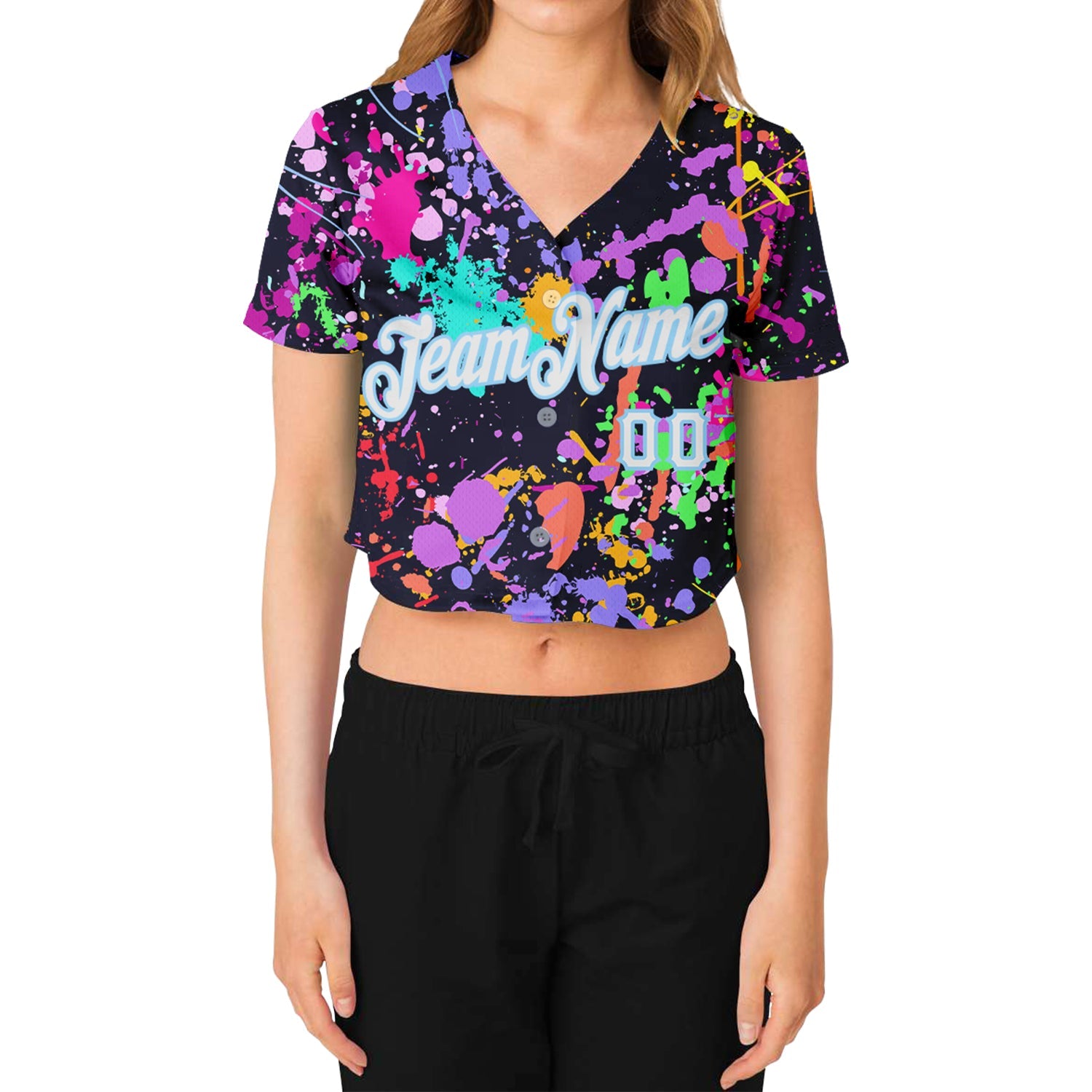 Custom Women's Graffiti Pattern White-Light Blue Splashes 3D V-Neck Cropped Baseball Jersey view 2
