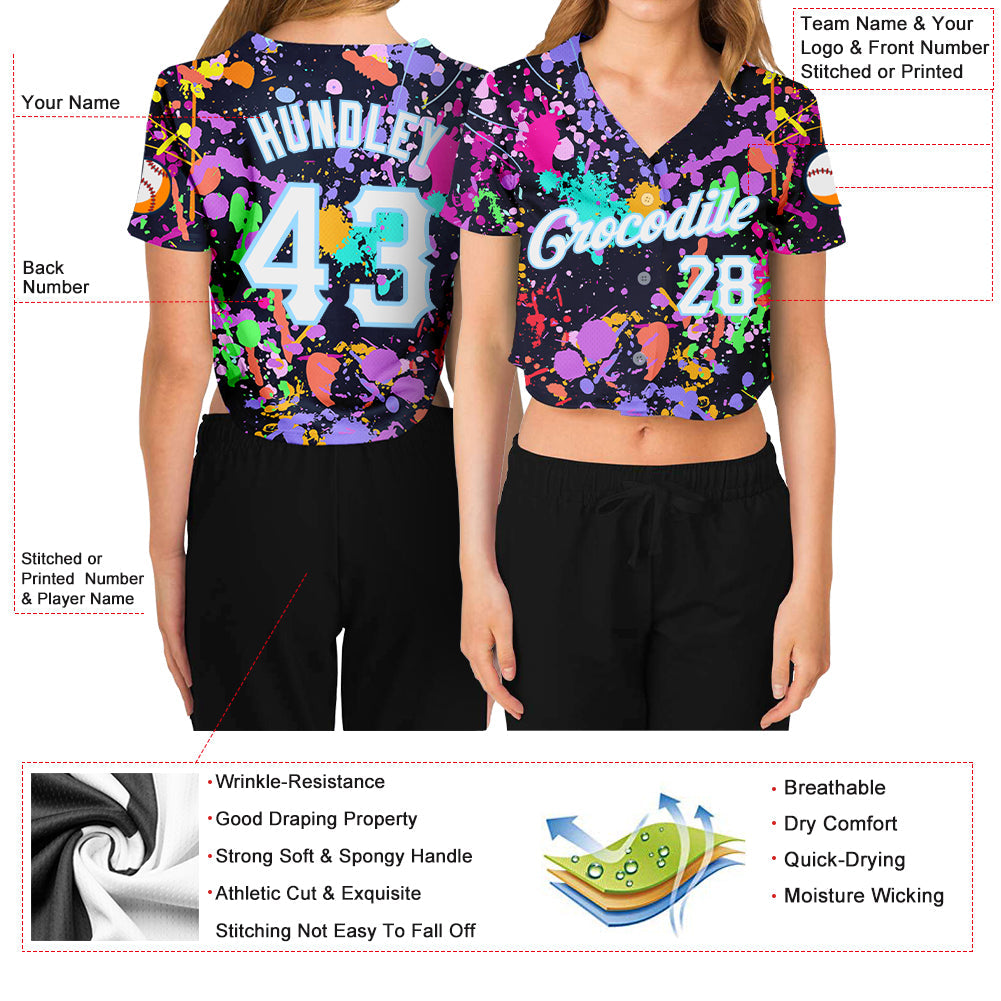 Custom Women's Graffiti Pattern White-Light Blue Splashes 3D V-Neck Cropped Baseball Jersey view 3