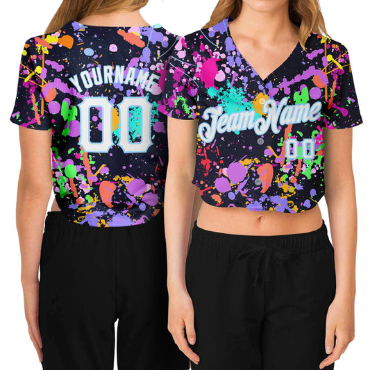 Custom Women's Graffiti Pattern White-Light Blue Splashes 3D V-Neck Cropped Baseball Jersey - Main View