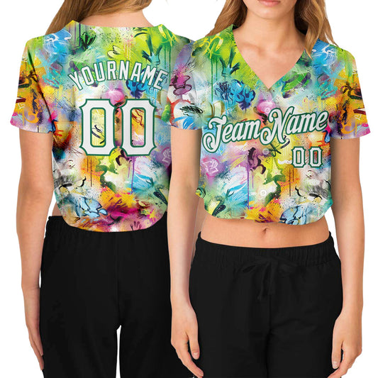 Custom Women's Graffiti Pattern White-Kelly Green Scratch 3D V-Neck Cropped Baseball Jersey - Main View