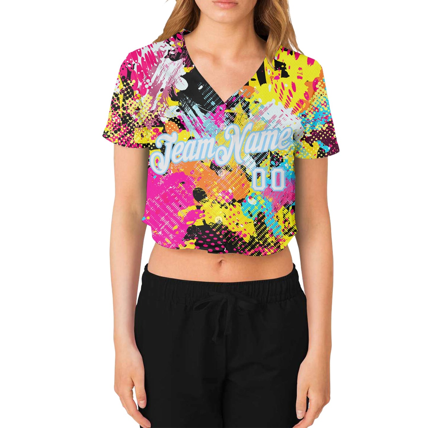 Custom Women's Graffiti Pattern White-Light Blue Bright Psychedelic 3D V-Neck Cropped Baseball Jersey view 2