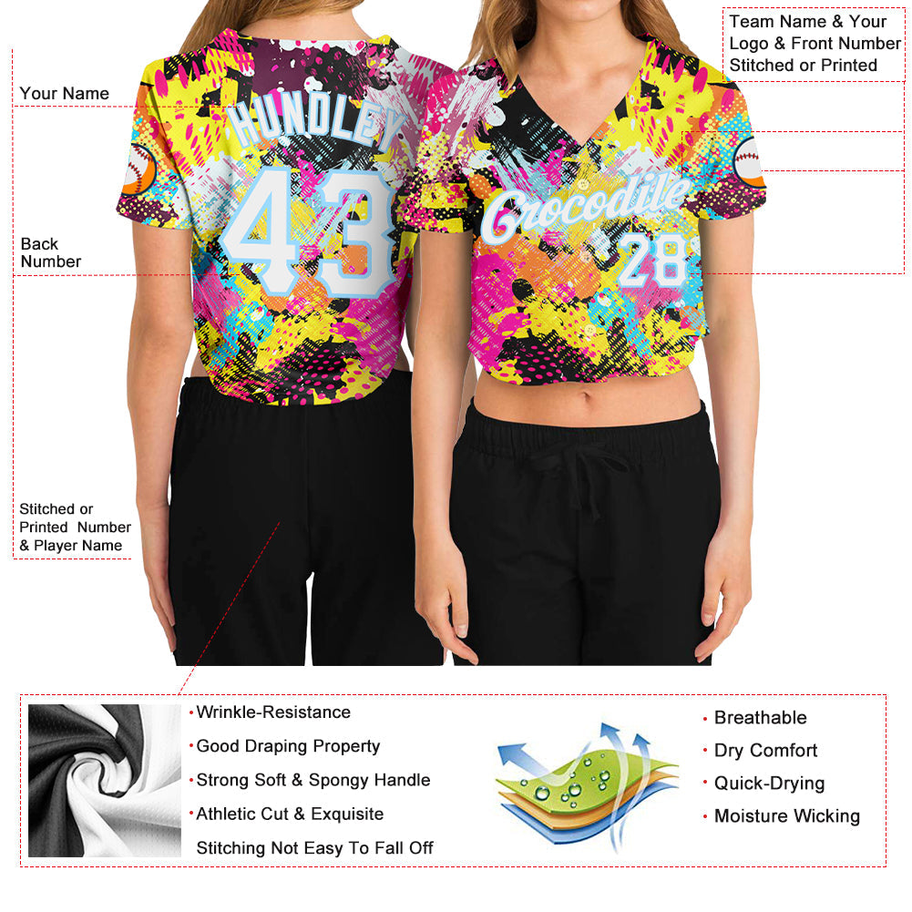 Custom Women's Graffiti Pattern White-Light Blue Bright Psychedelic 3D V-Neck Cropped Baseball Jersey view 3