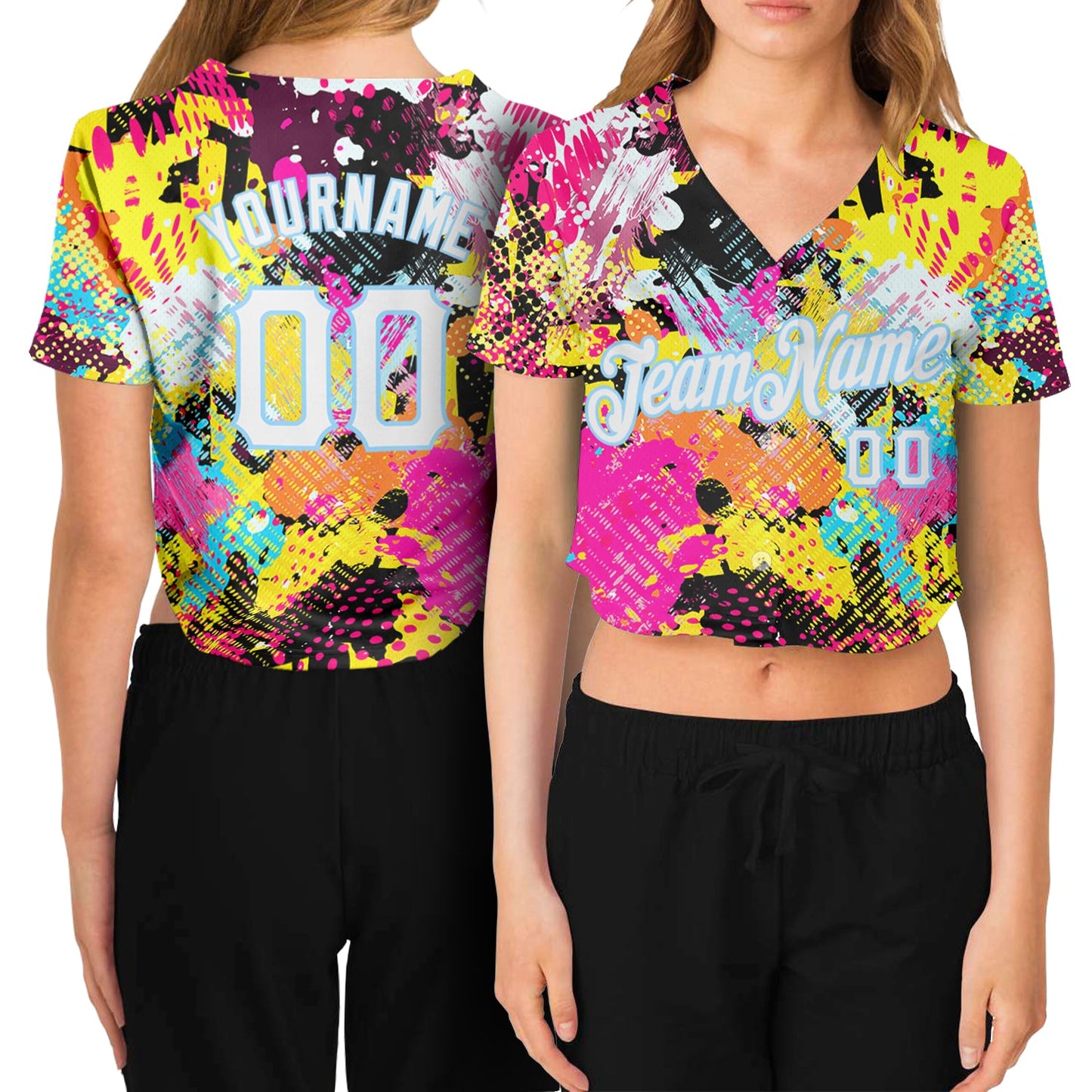 Custom Women's Graffiti Pattern White-Light Blue Bright Psychedelic 3D V-Neck Cropped Baseball Jersey - Main View