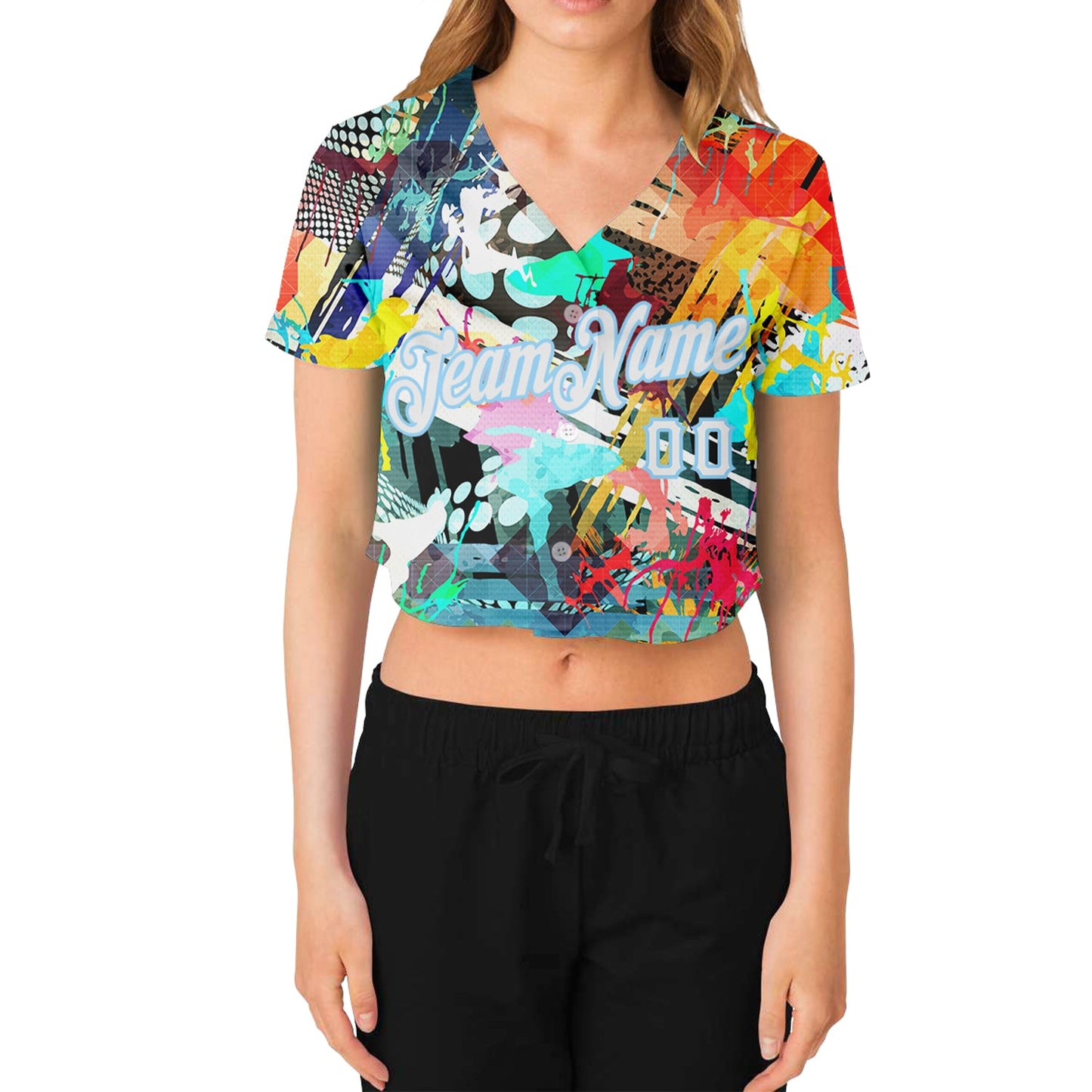 Custom Women's Graffiti Pattern White-Light Blue Colored Abstract 3D V-Neck Cropped Baseball Jersey view 2