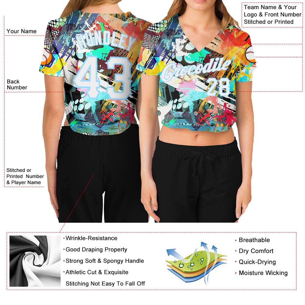 Custom Women's Graffiti Pattern White-Light Blue Colored Abstract 3D V-Neck Cropped Baseball Jersey view 3