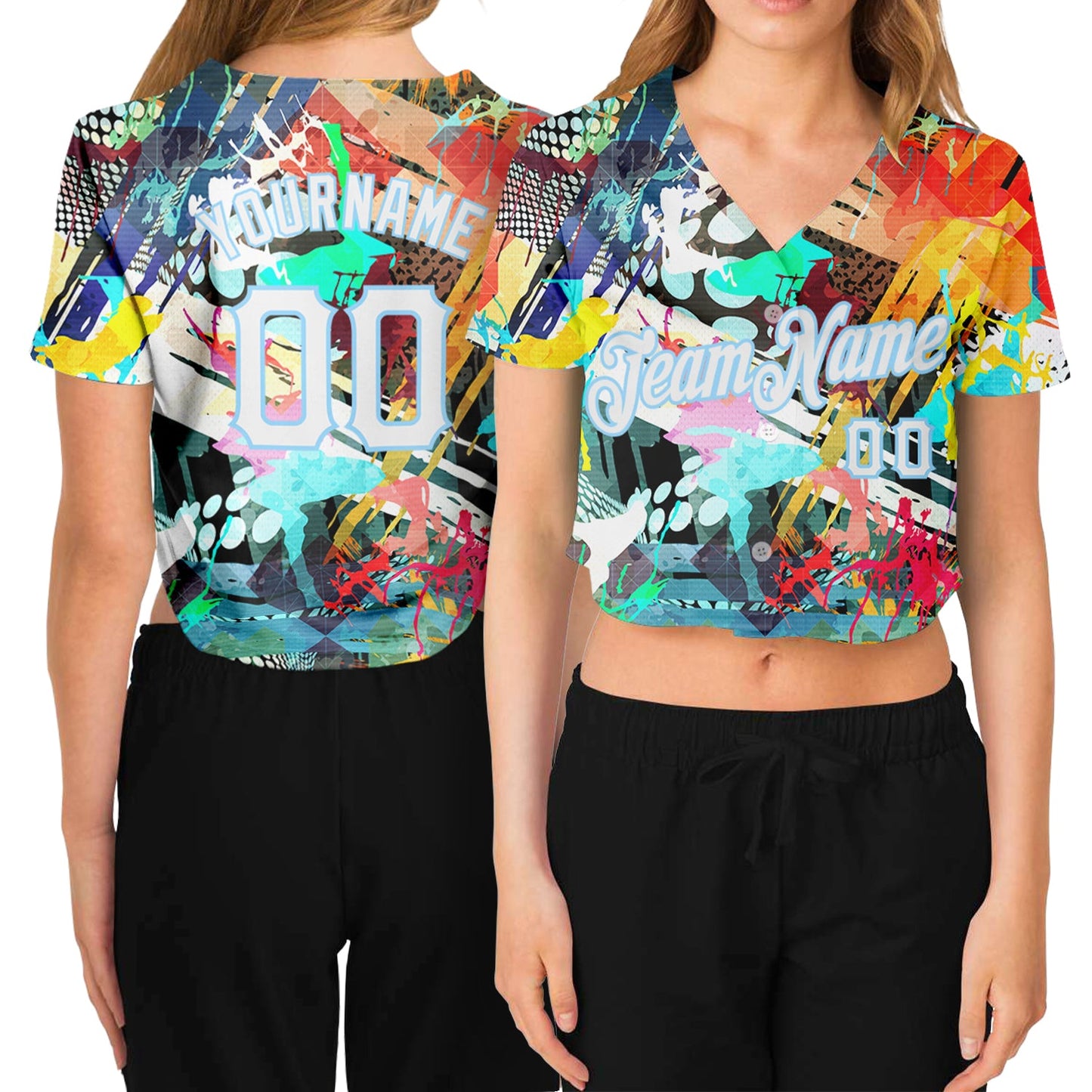 Custom Women's Graffiti Pattern White-Light Blue Colored Abstract 3D V-Neck Cropped Baseball Jersey - Main View