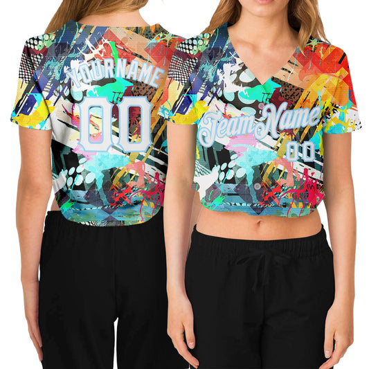 Custom Women's Graffiti Pattern White-Light Blue Colored Abstract 3D V-Neck Cropped Baseball Jersey - Main View