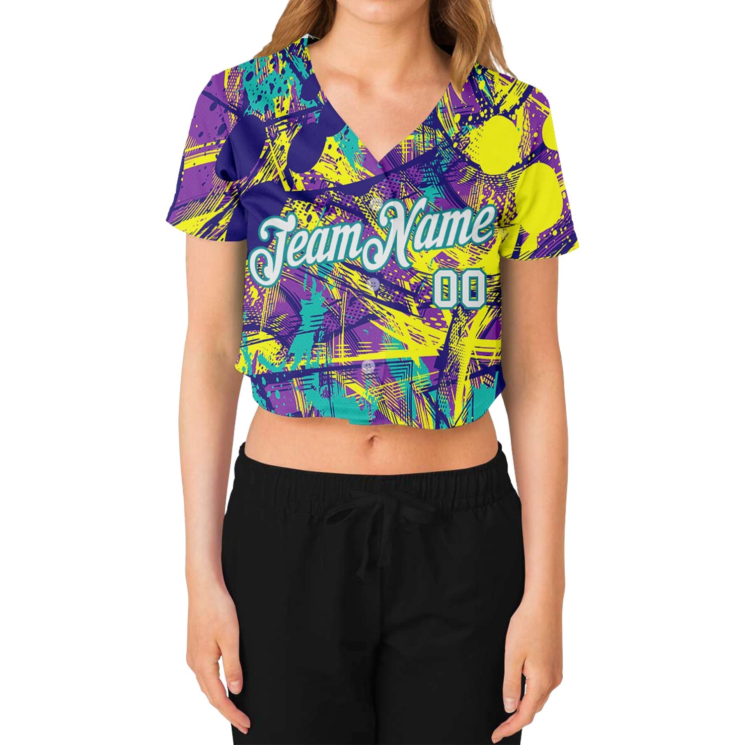 Custom Women's Graffiti Pattern White-Aqua Abstract Urban 3D V-Neck Cropped Baseball Jersey view 2