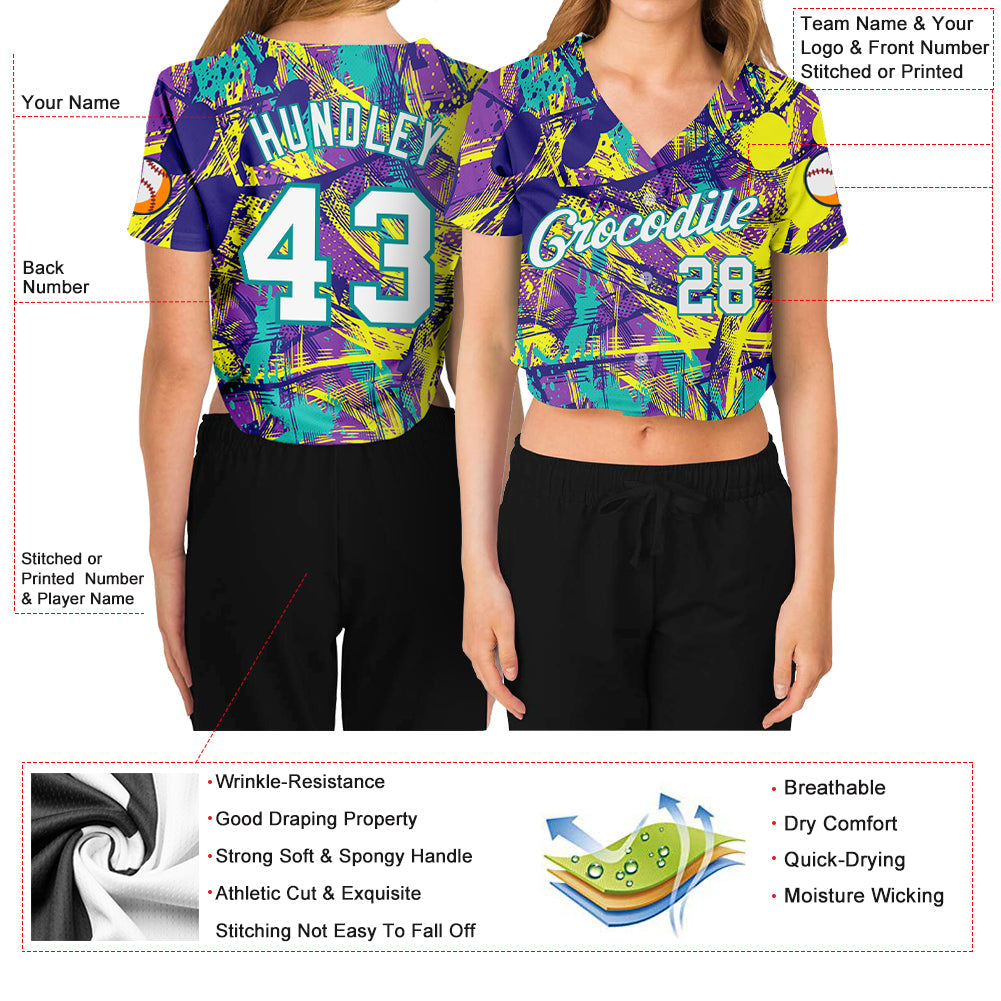 Custom Women's Graffiti Pattern White-Aqua Abstract Urban 3D V-Neck Cropped Baseball Jersey view 3