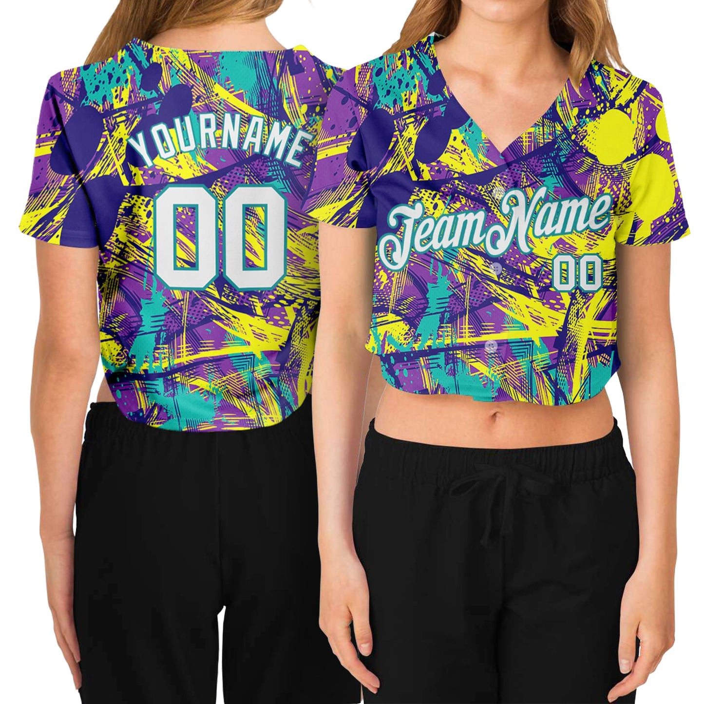 Custom Women's Graffiti Pattern White-Aqua Abstract Urban 3D V-Neck Cropped Baseball Jersey - Main View