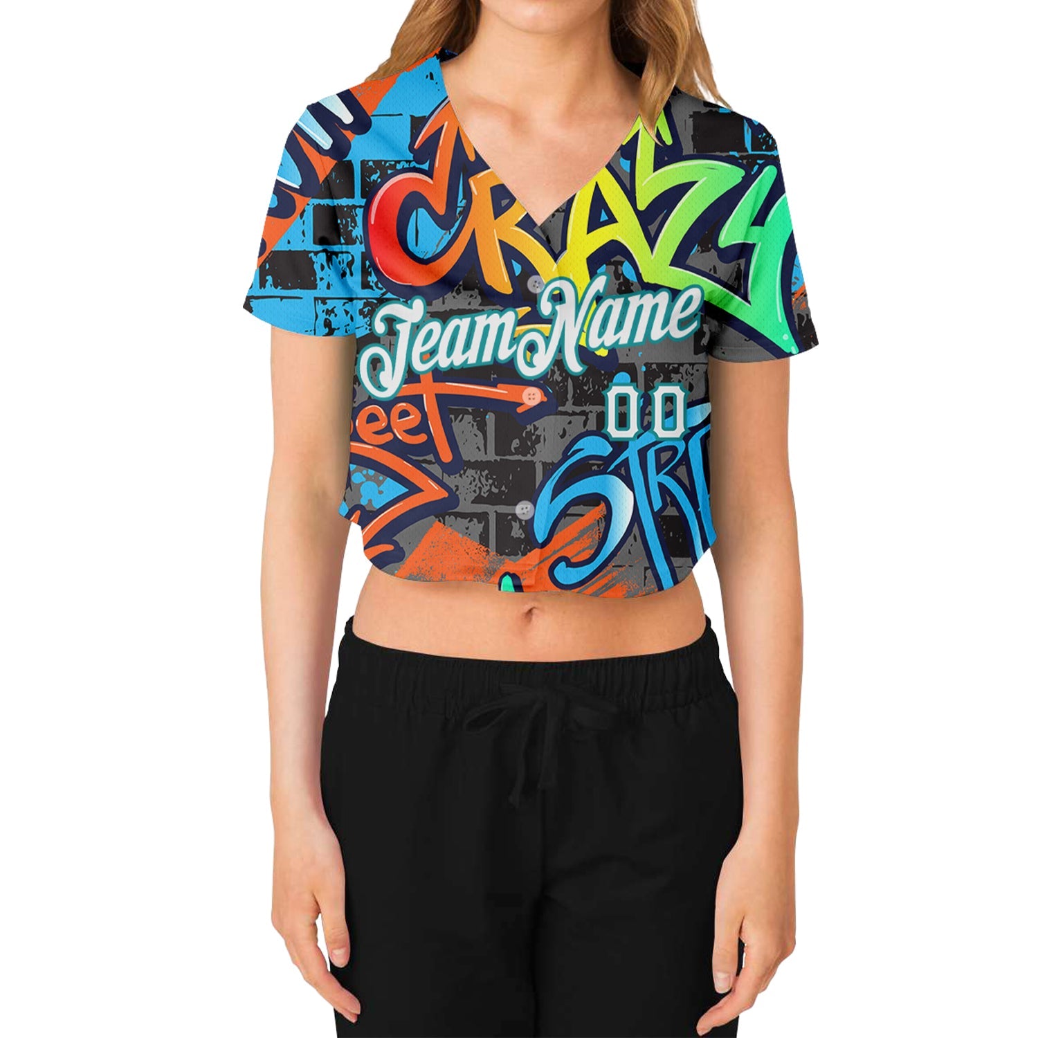 Custom Women's Graffiti Pattern White-Aqua Geometric 3D V-Neck Cropped Baseball Jersey view 2