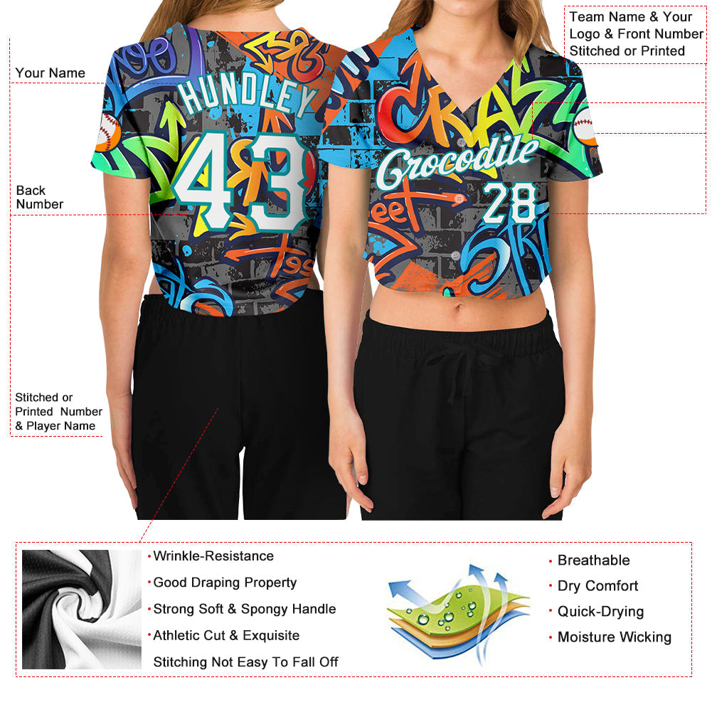Custom Women's Graffiti Pattern White-Aqua Geometric 3D V-Neck Cropped Baseball Jersey view 3