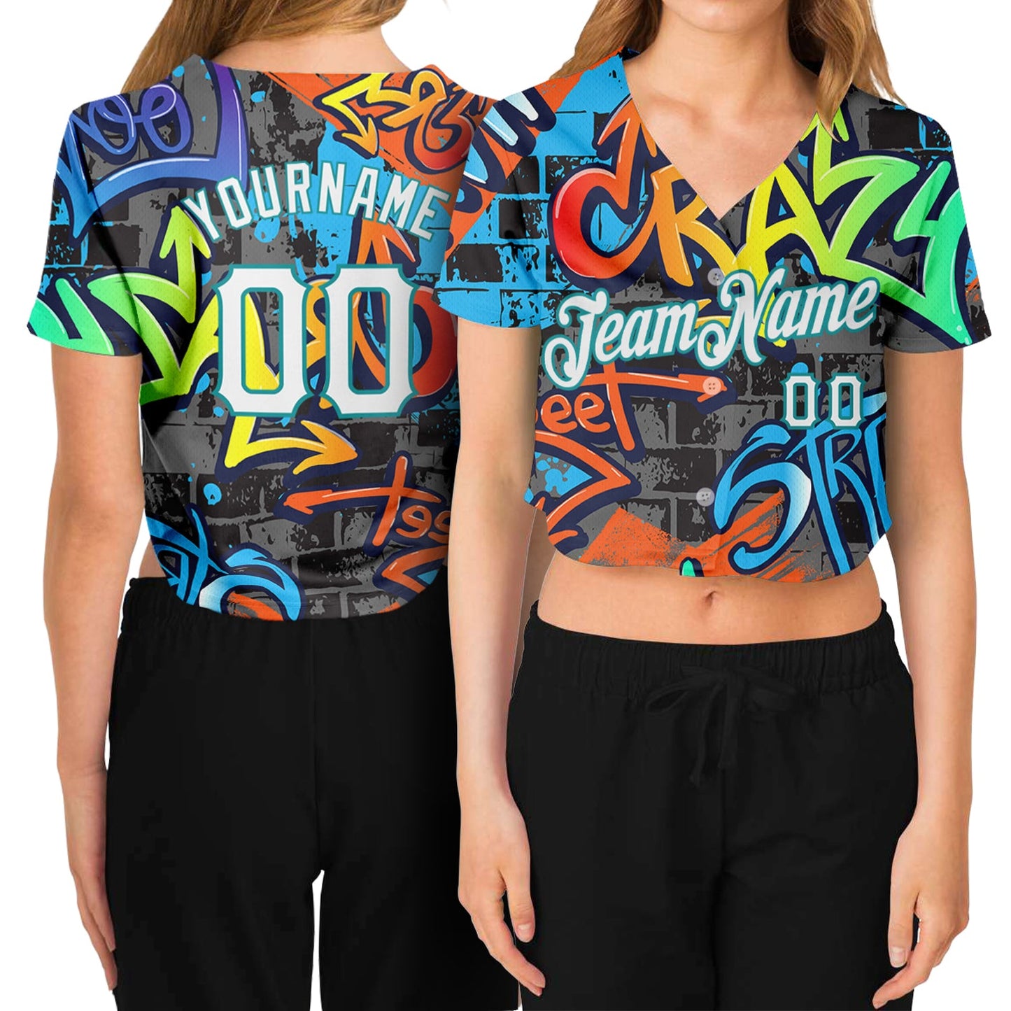 Custom Women's Graffiti Pattern White-Aqua Geometric 3D V-Neck Cropped Baseball Jersey - Main View