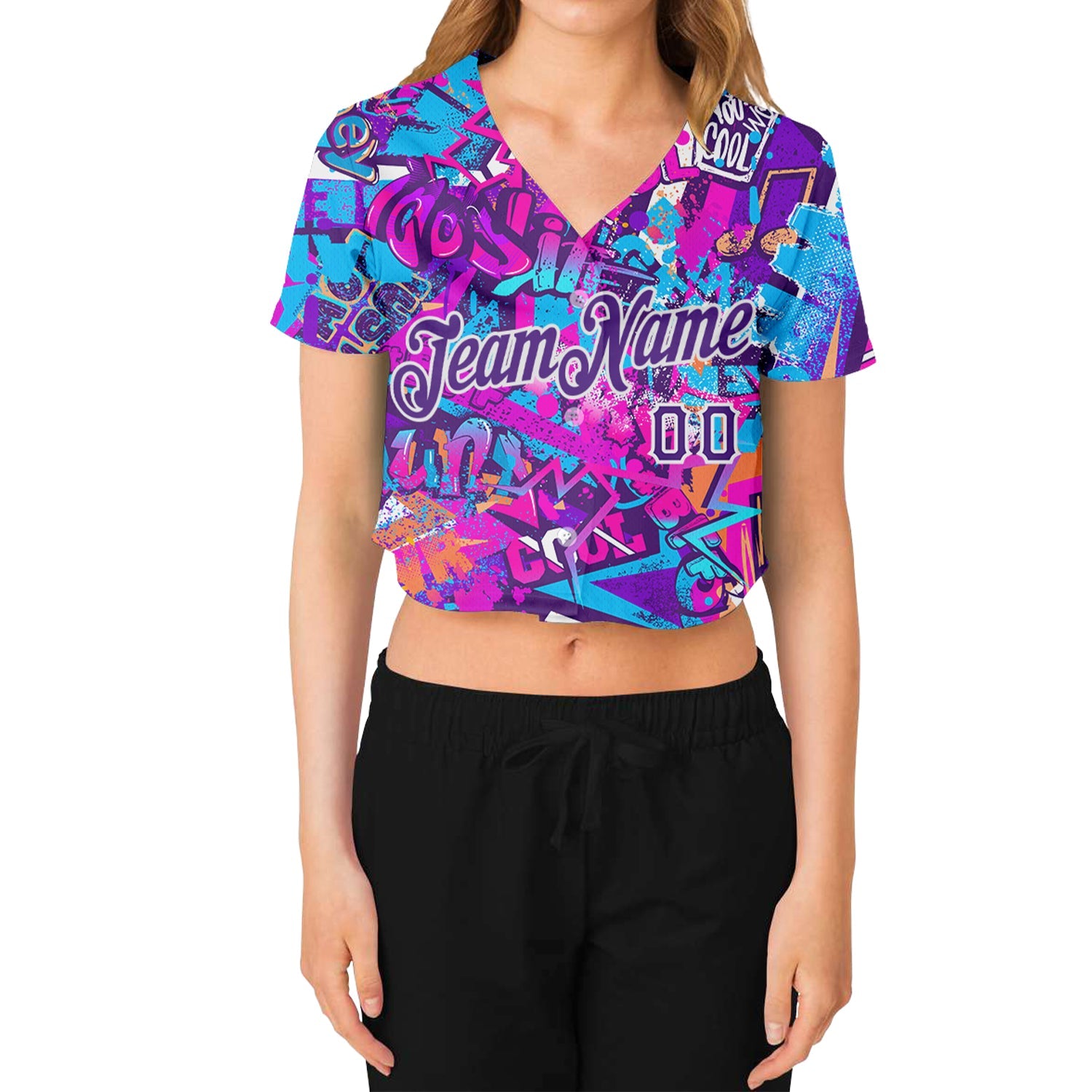 Custom Women's Graffiti Pattern Purple-White Words 3D V-Neck Cropped Baseball Jersey view 2