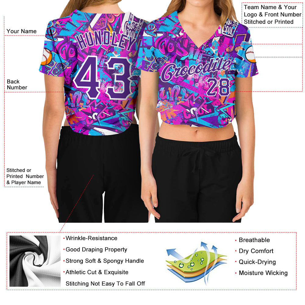 Custom Women's Graffiti Pattern Purple-White Words 3D V-Neck Cropped Baseball Jersey view 3