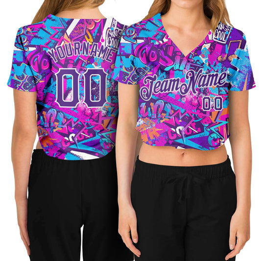Custom Women's Graffiti Pattern Purple-White Words 3D V-Neck Cropped Baseball Jersey - Main View