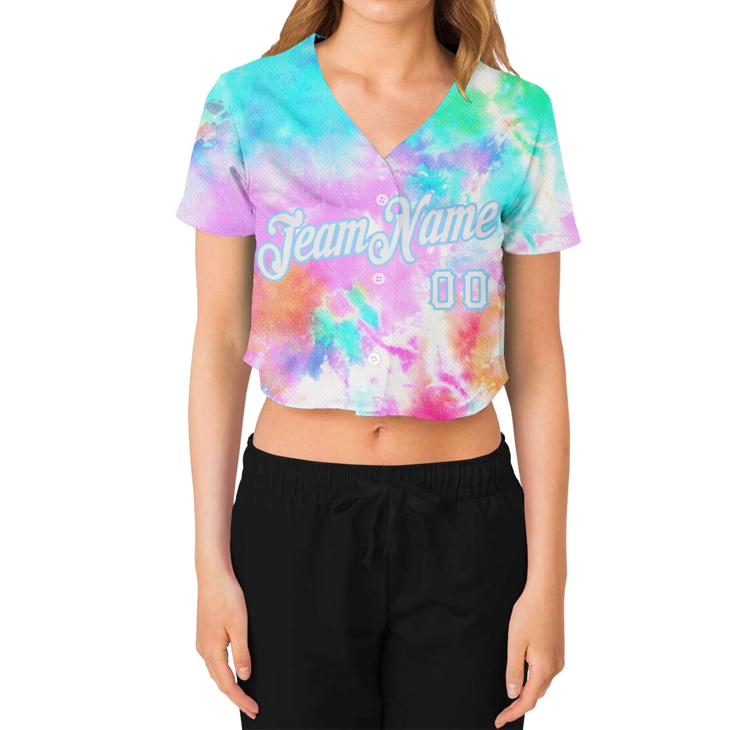 Custom Women's Tie Dye White-Light Blue Rainbow 3D V-Neck Cropped Baseball Jersey view 2