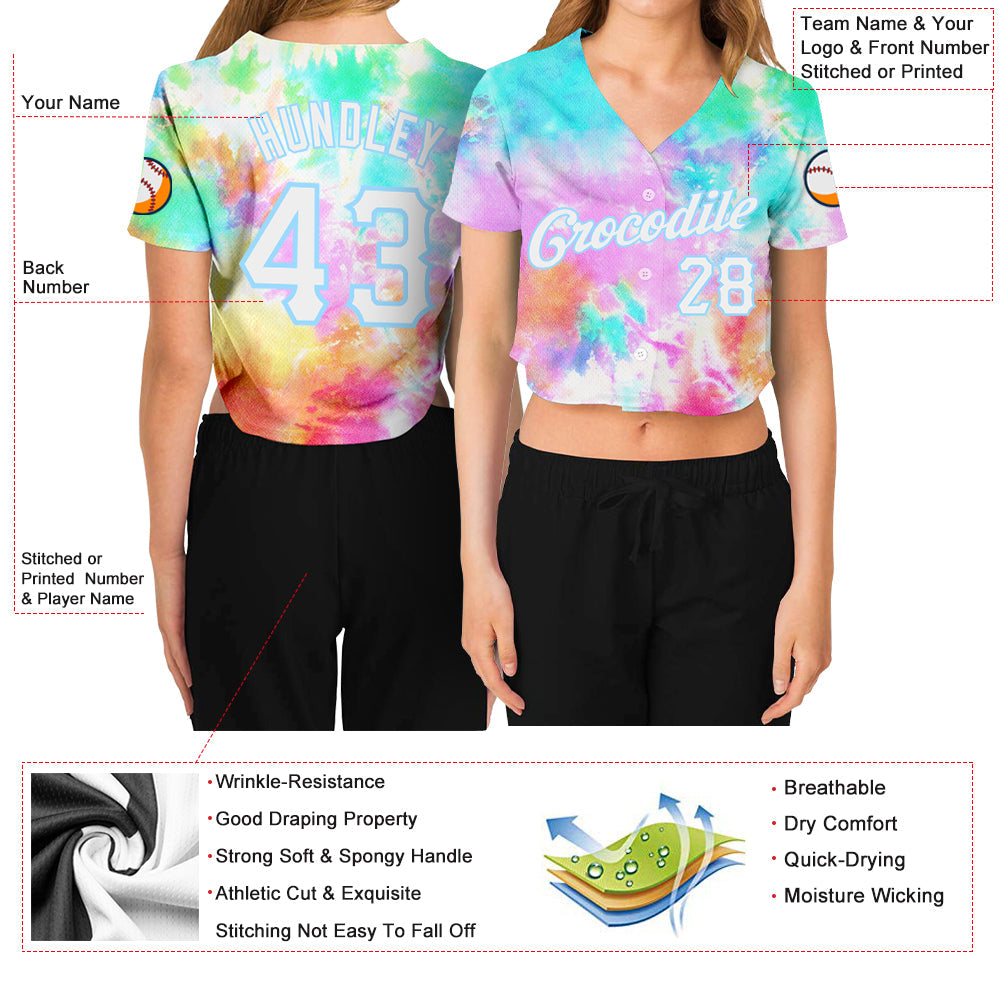Custom Women's Tie Dye White-Light Blue Rainbow 3D V-Neck Cropped Baseball Jersey view 3