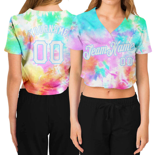 Custom Women's Tie Dye White-Light Blue Rainbow 3D V-Neck Cropped Baseball Jersey - Main View