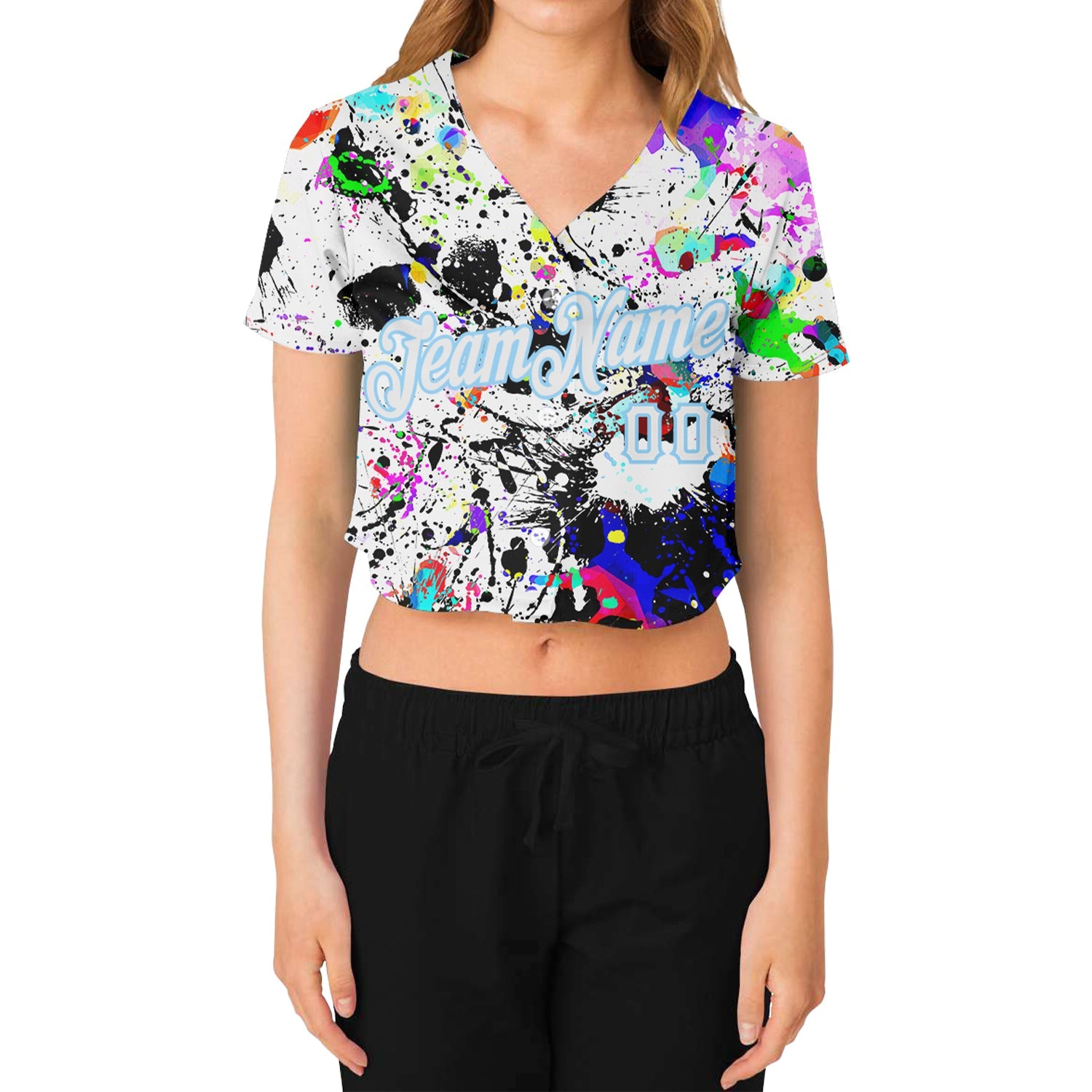 Custom Women's Graffiti Pattern White-Light Blue Splashes 3D V-Neck Cropped Baseball Jersey view 2
