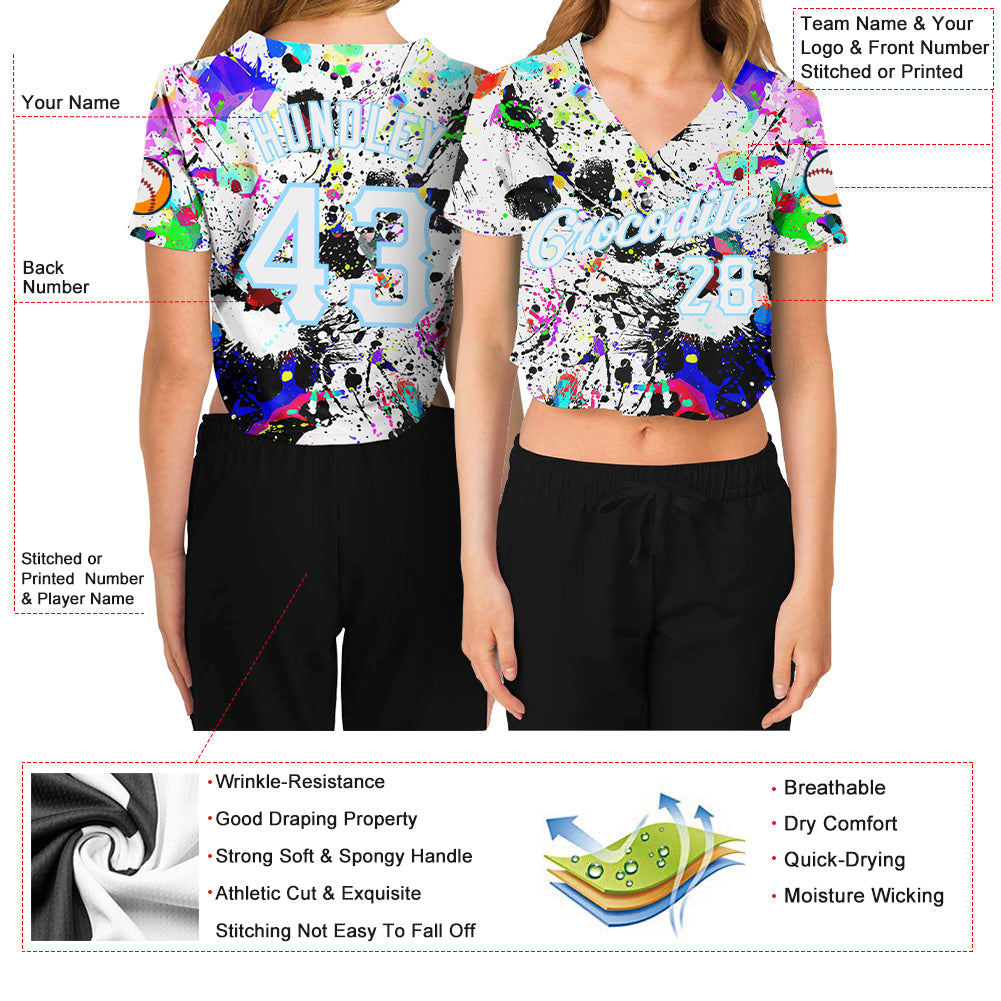 Custom Women's Graffiti Pattern White-Light Blue Splashes 3D V-Neck Cropped Baseball Jersey view 3