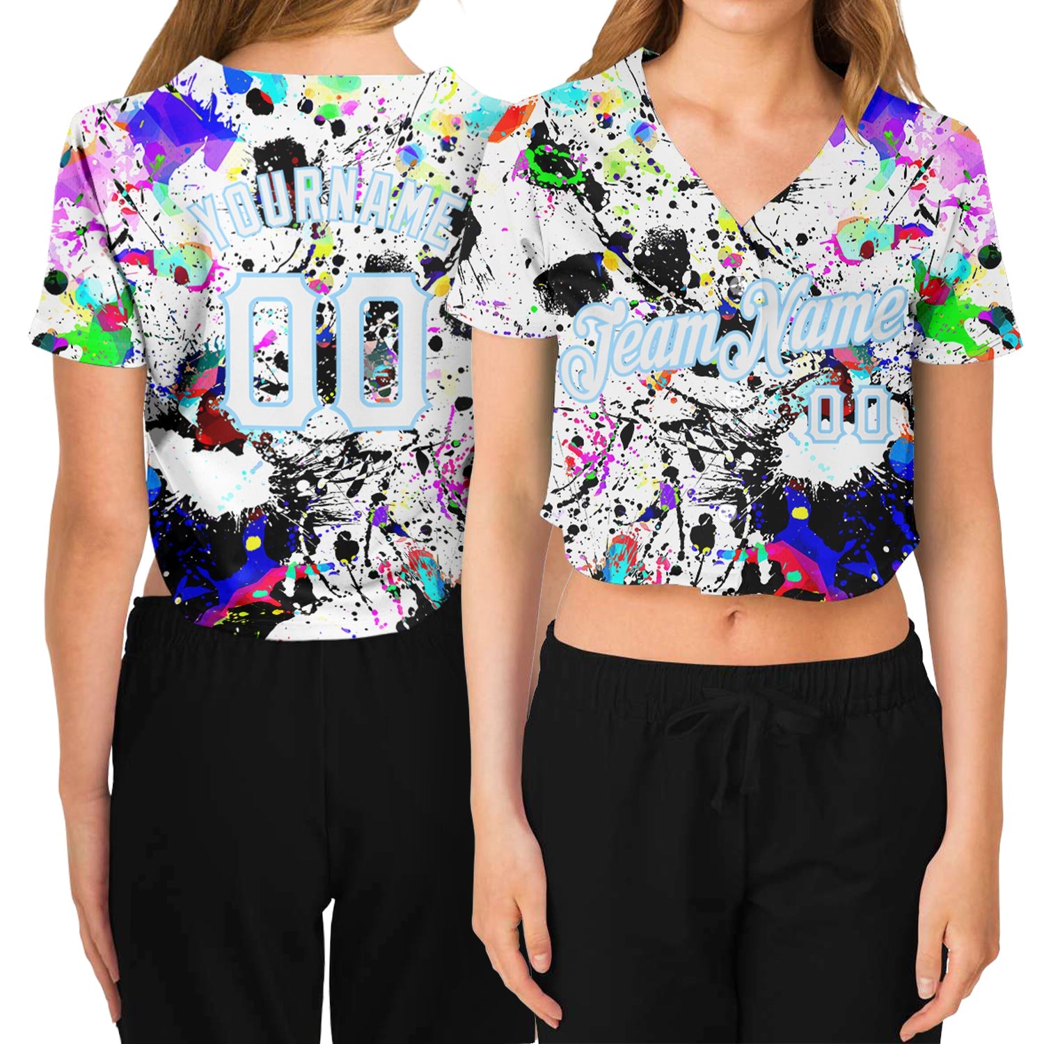 Custom Women's Graffiti Pattern White-Light Blue Splashes 3D V-Neck Cropped Baseball Jersey - Main View