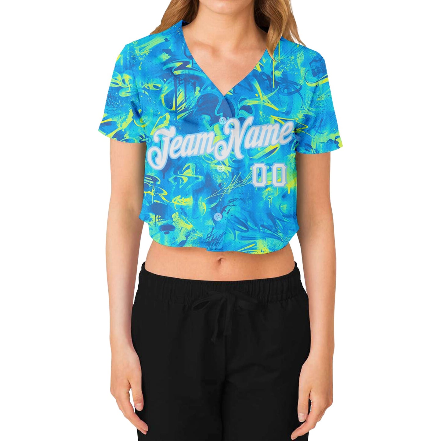 Custom Women's Graffiti Pattern White-Light Blue Scratch 3D V-Neck Cropped Baseball Jersey view 2