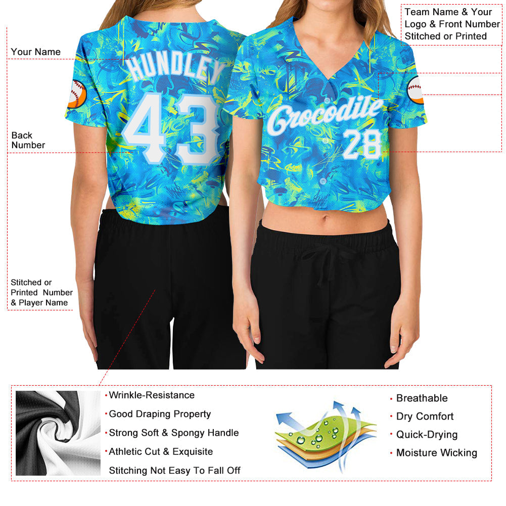 Custom Women's Graffiti Pattern White-Light Blue Scratch 3D V-Neck Cropped Baseball Jersey view 3