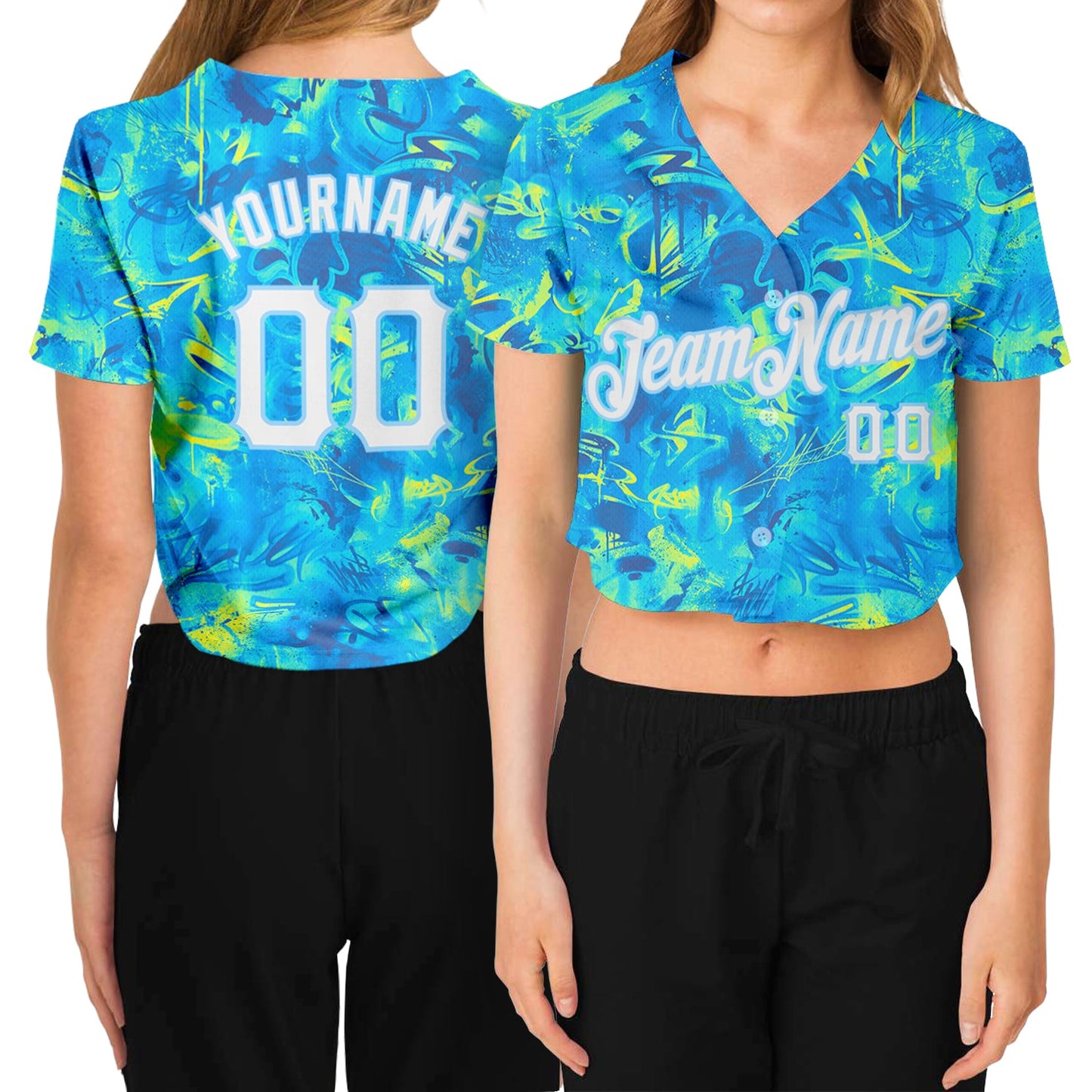 Custom Women's Graffiti Pattern White-Light Blue Scratch 3D V-Neck Cropped Baseball Jersey - Main View