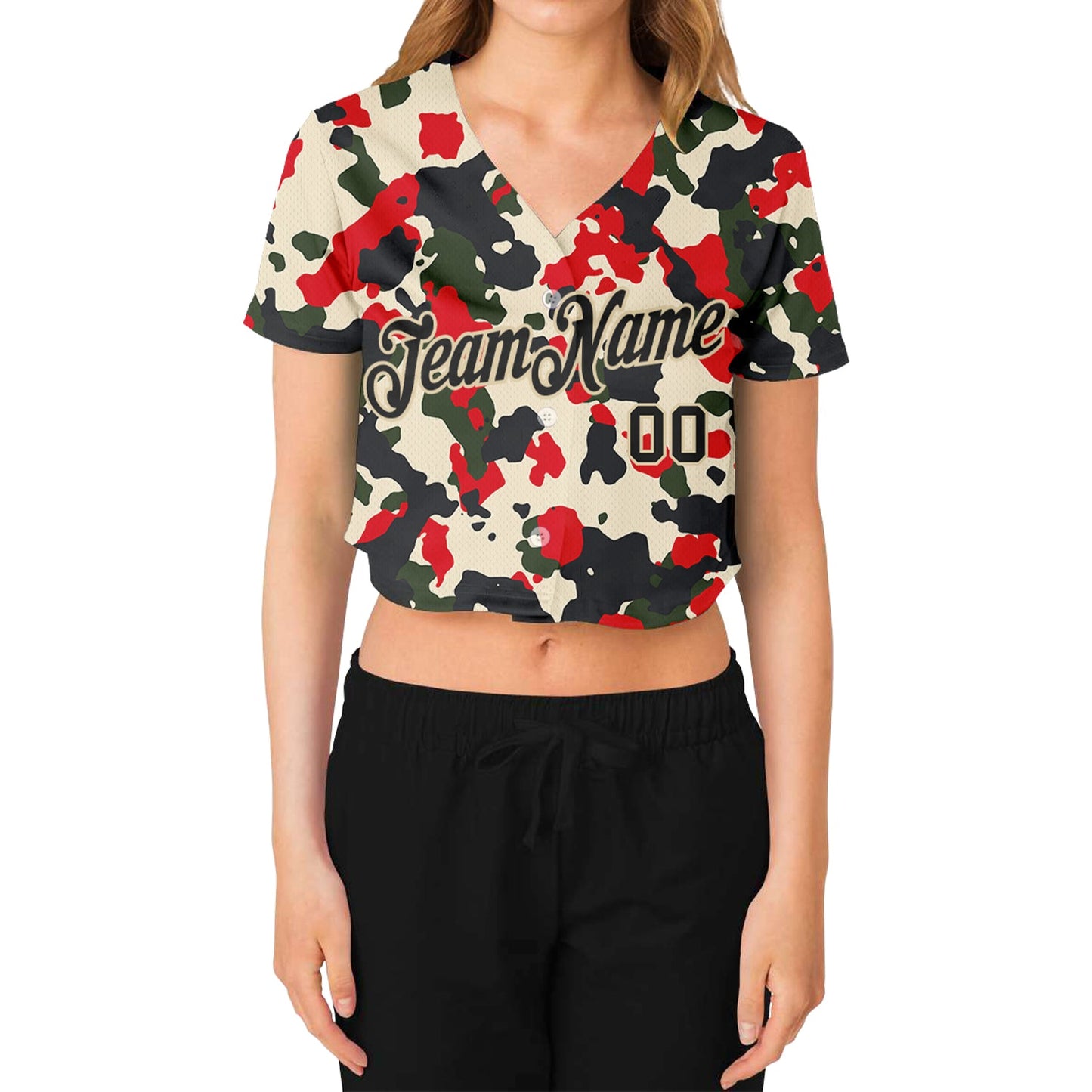 Custom Women's Camo Black-Cream Salute To Service 3D V-Neck Cropped Baseball Jersey view 2